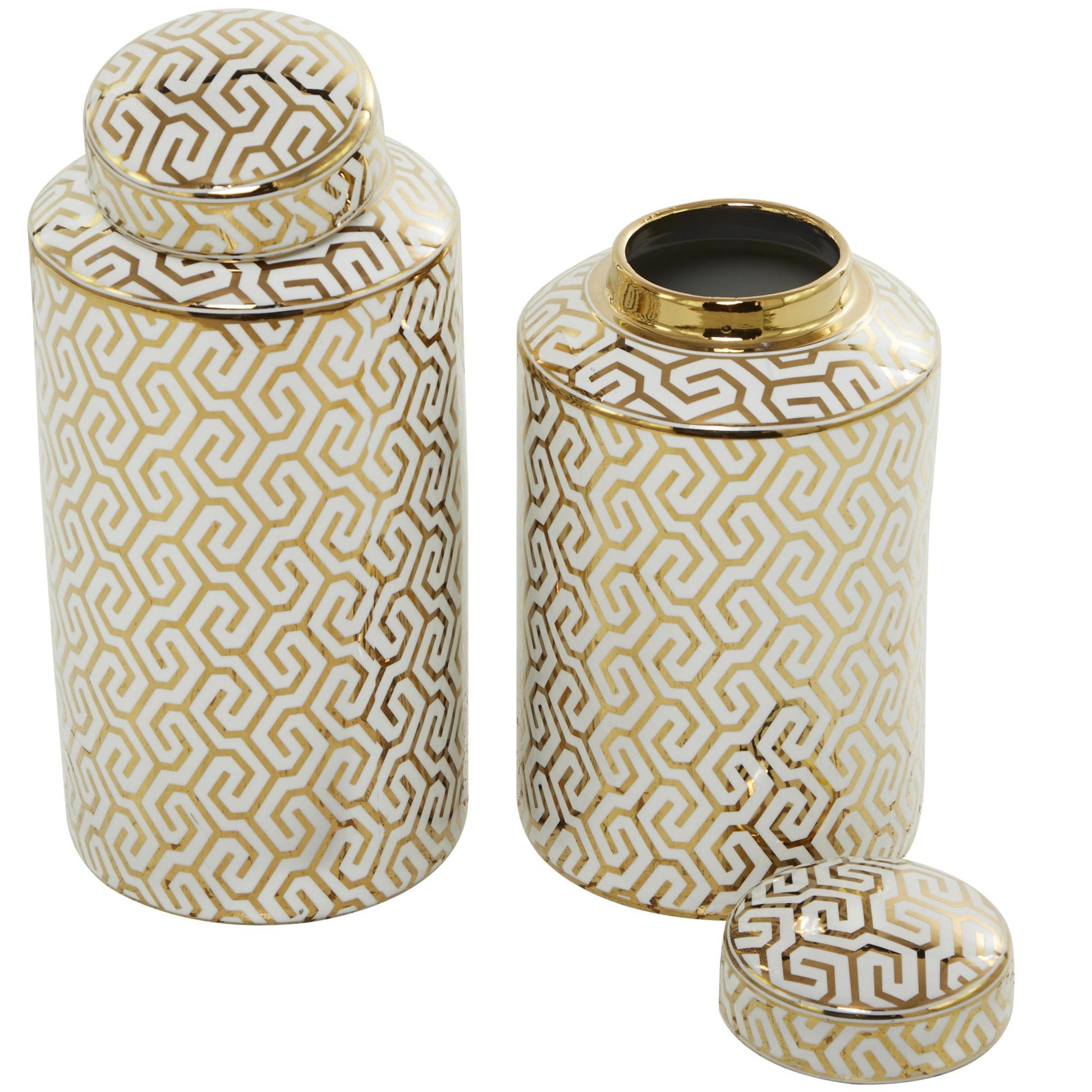 Set of 2 Geometric Ceramic Living Room Decorative Jars with White Accents
