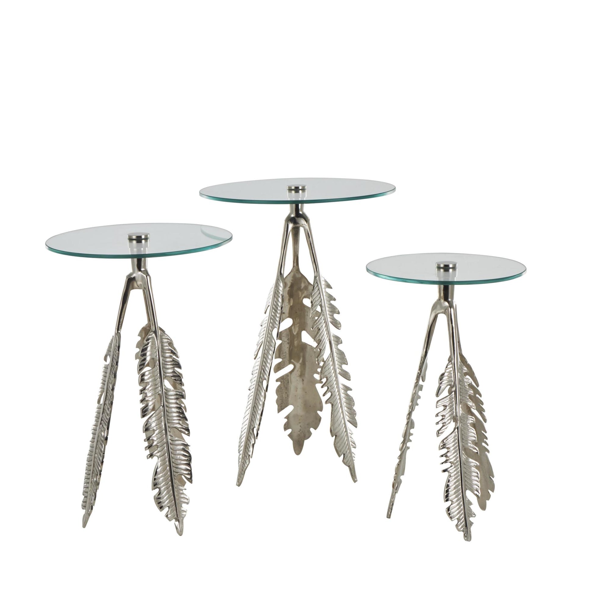 Set of 3 Leaf Aluminum Metal Side End Accent Table with Tripod Legs and Tempered Glass Top