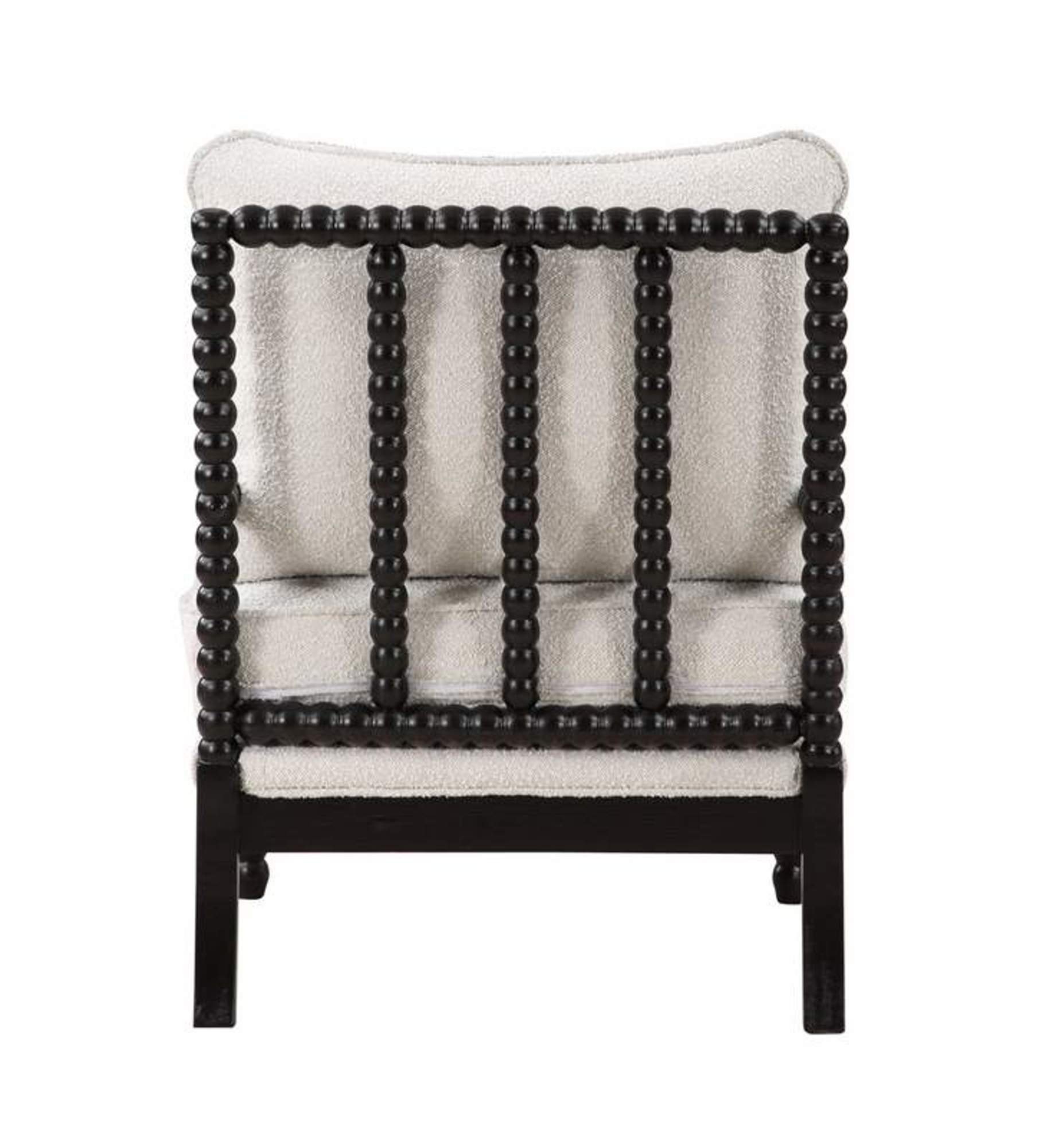 White Fabric Cushioned Living Room Accent Chair with Black Wooden Spindle Legs and Cushioned Armrests