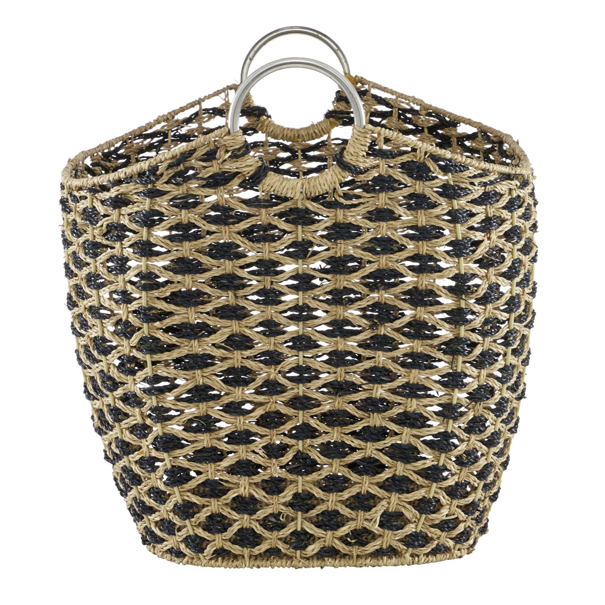 Seagrass Handmade Two Toned Decorative and Functional Storage Basket with Metal Handles