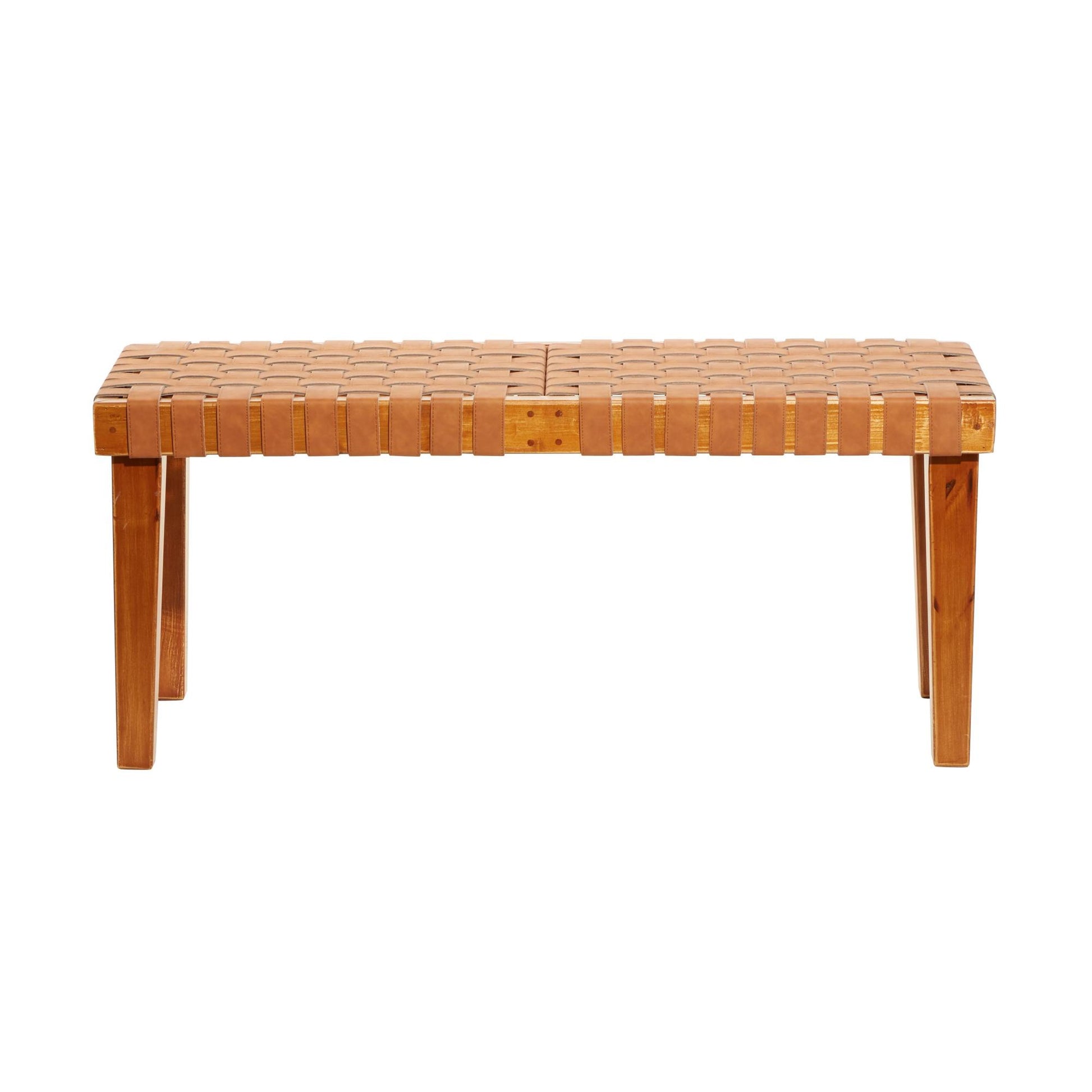 Brown Faux Leather Handmade Woven Home Bench with Wood Frame
