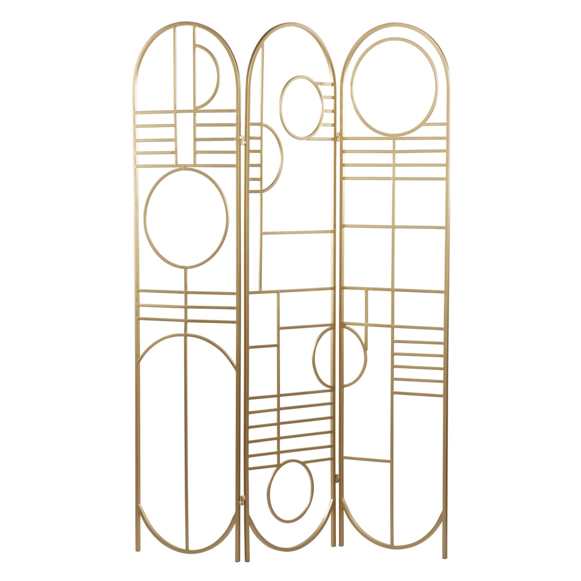 Geometric Gold Metal Hinged Foldable Arched Partition 3 Panel Partition Room Divider Screen