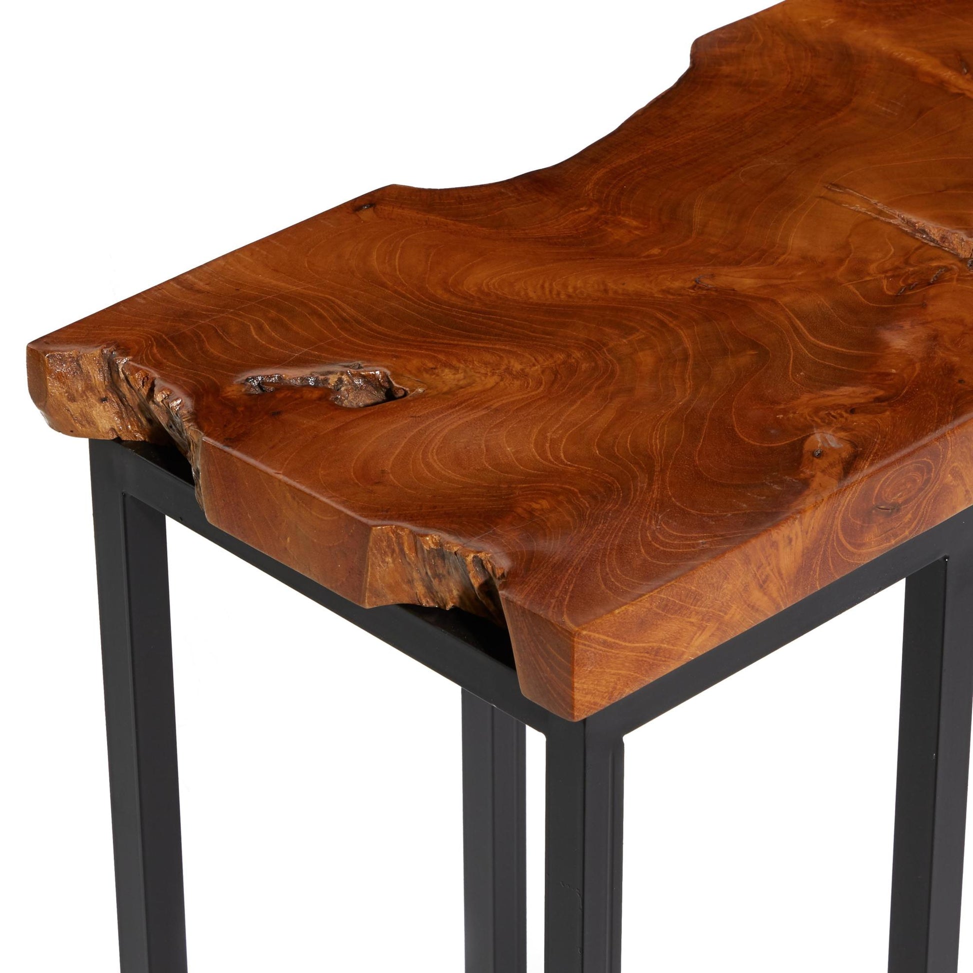 Brown Teak Wood Live Edge Top Side End Accent Table with Black Metal Base