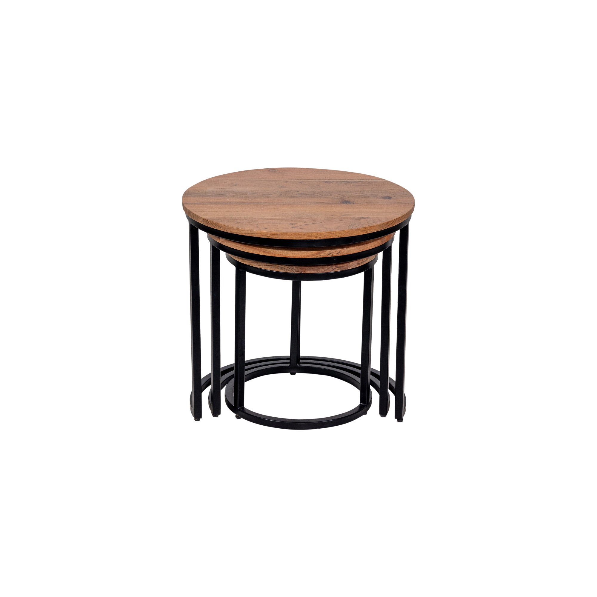 Brown Wood Nesting Side End Accent Table with Round Black Iron Frames