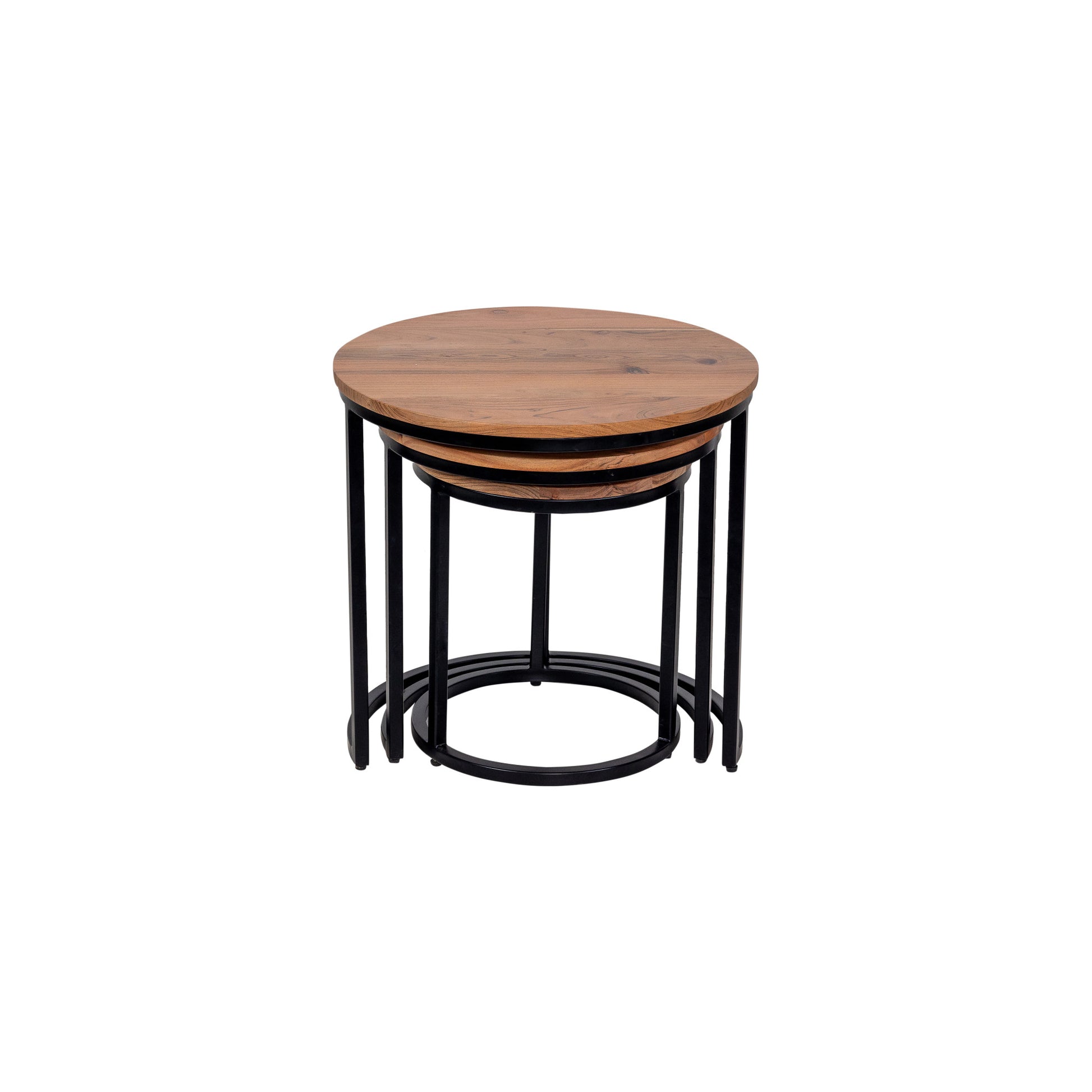 Brown Wood Nesting Side End Accent Table with Round Black Iron Frames