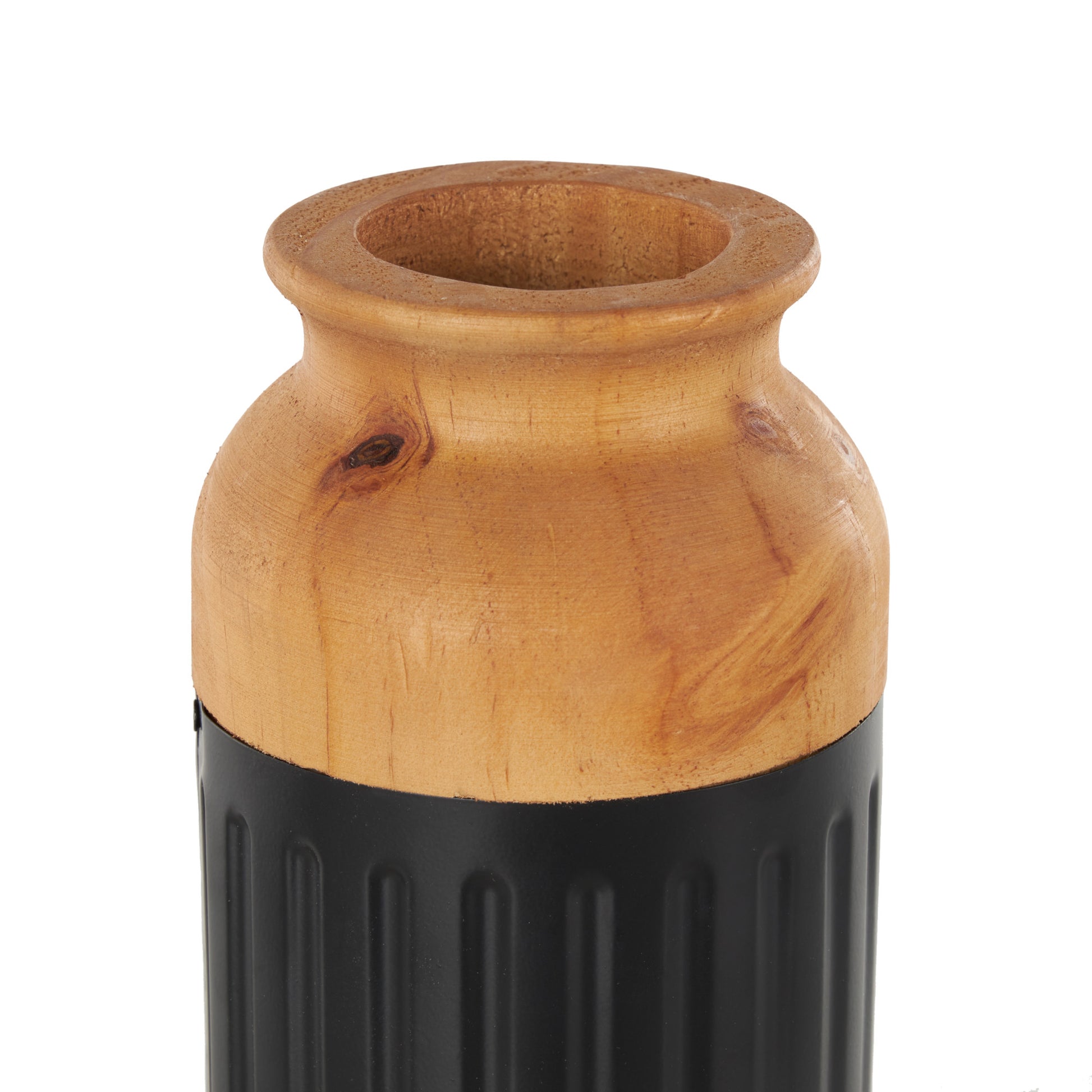 Set of 2 Metal Color Block Decorative Vase with Rounded Linear Grooves and Brown Wood Tops