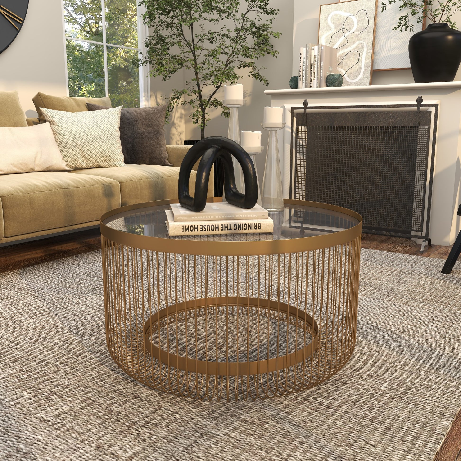 Gold Metal Living Room Coffee Table with Clear Glass Top