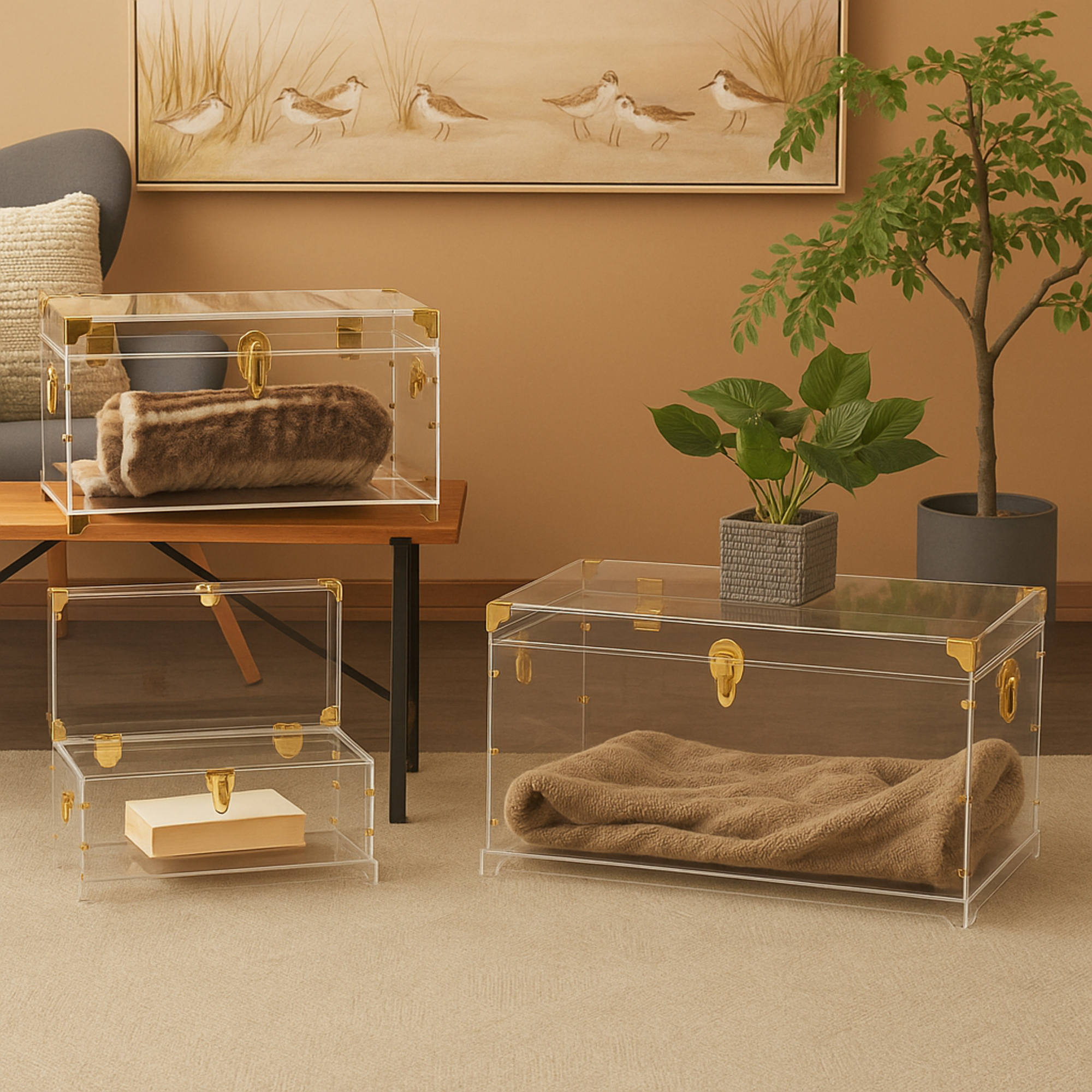 Set of 3 Clear Acrylic Plastic Storage Decorative Trunk with Gold Metal Hardware and Studded Details