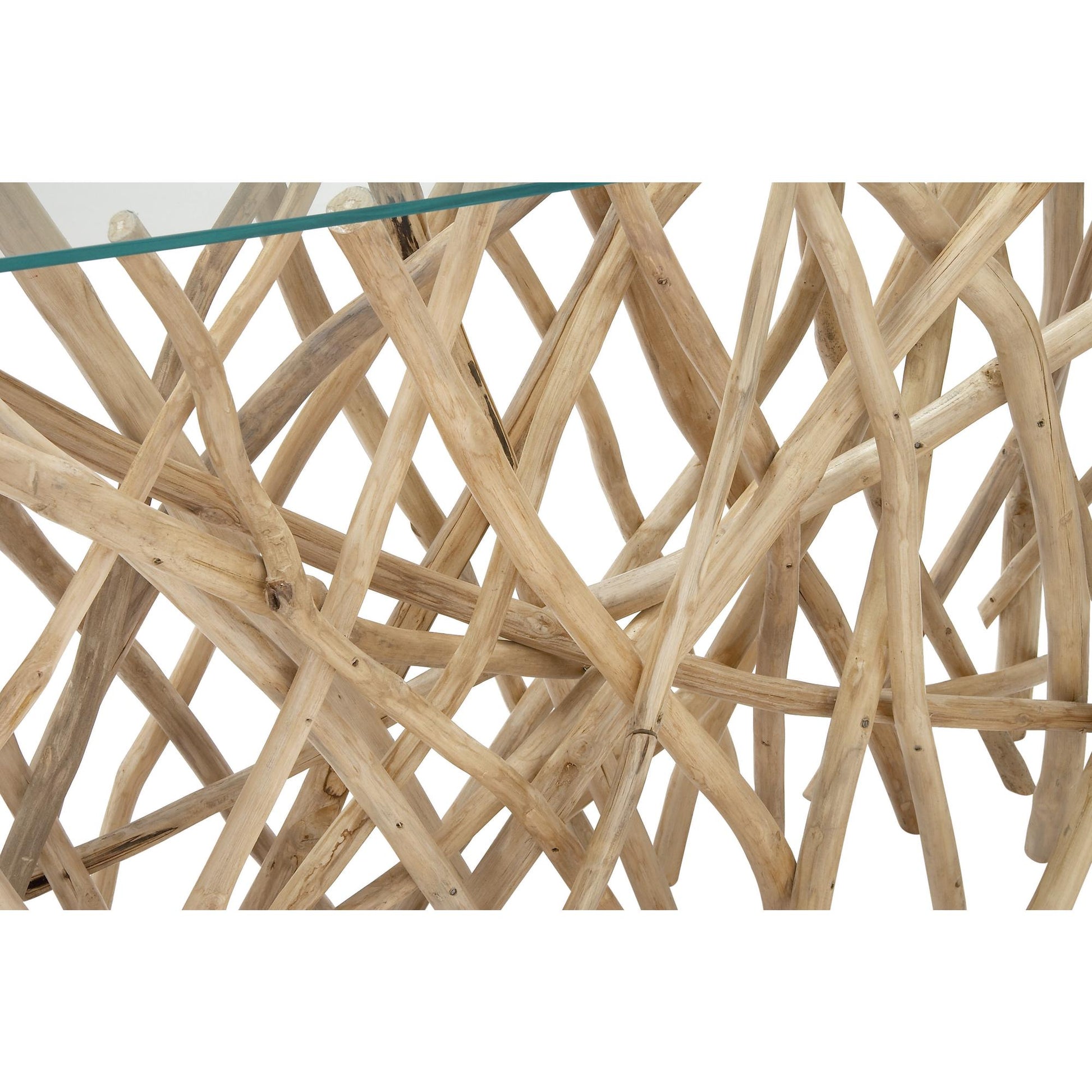 Brown Teak Wood Handmade Tree Branch Living Room Console Table with Clear Glass Top