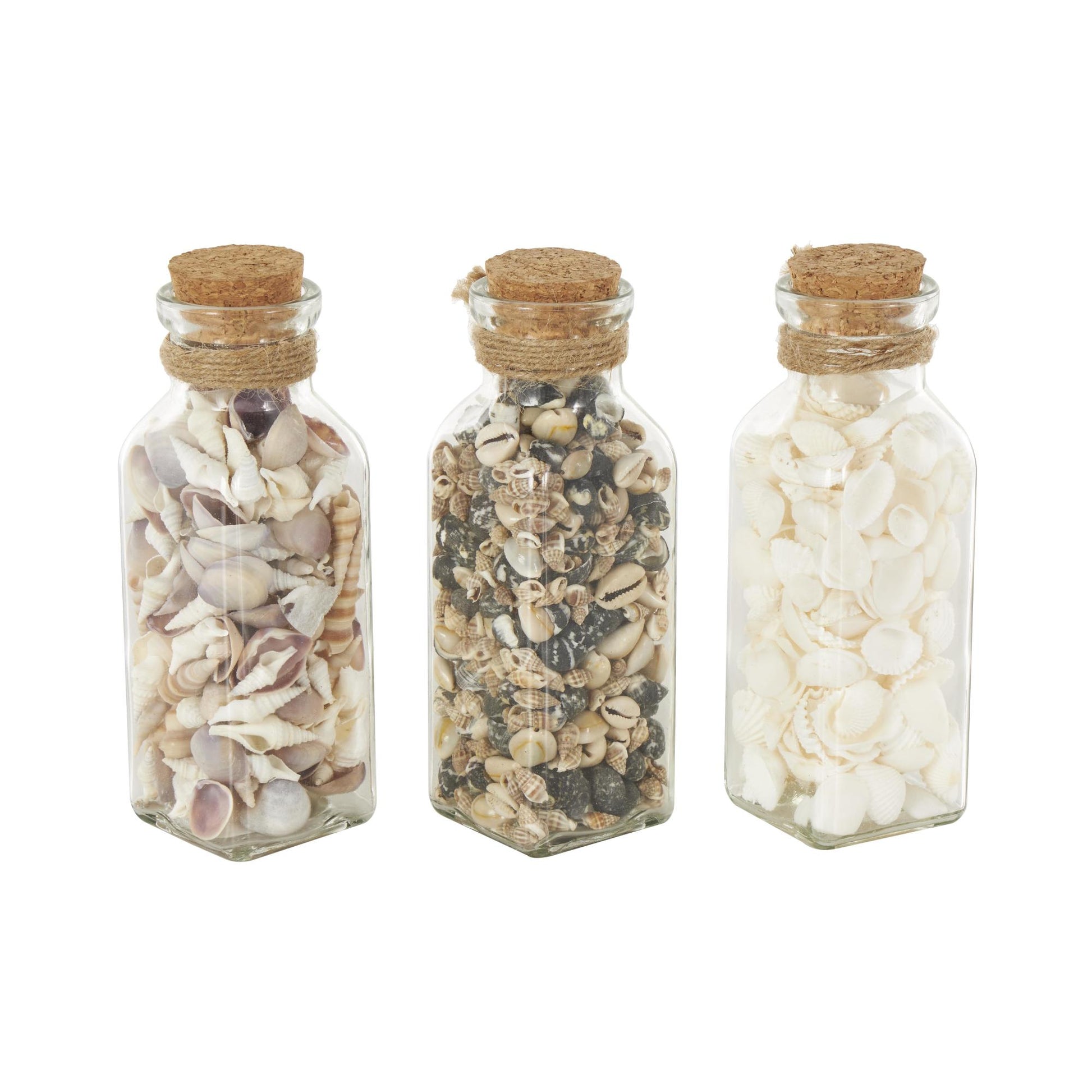 Set of 3 Clear Glass Decorative Orbs & Vase Filler with Seashells and Jute Rope Accents