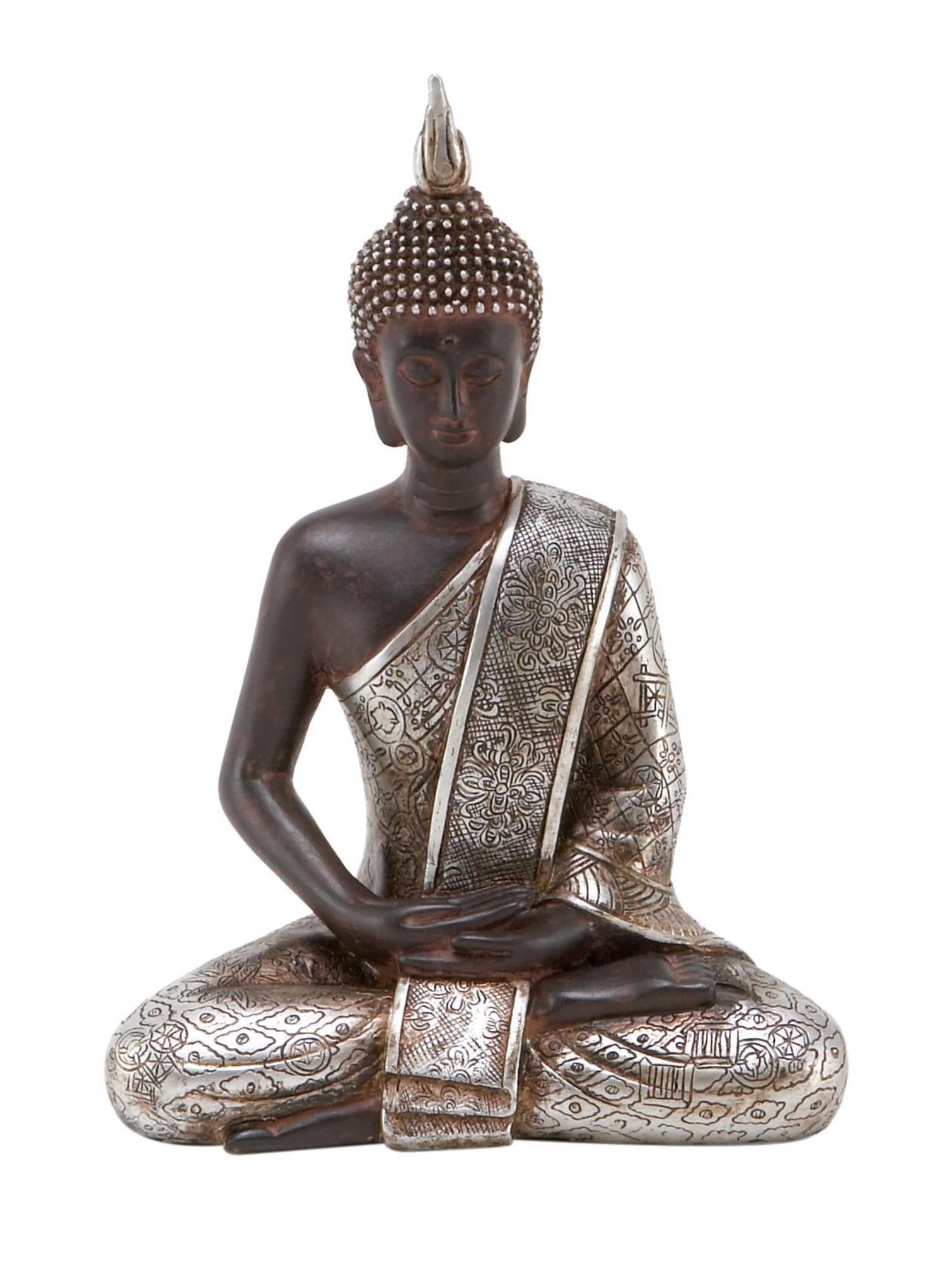 Buddha Silver Polystone Meditating Decorative Sculpture with Engraved Carvings and Relief Detailing