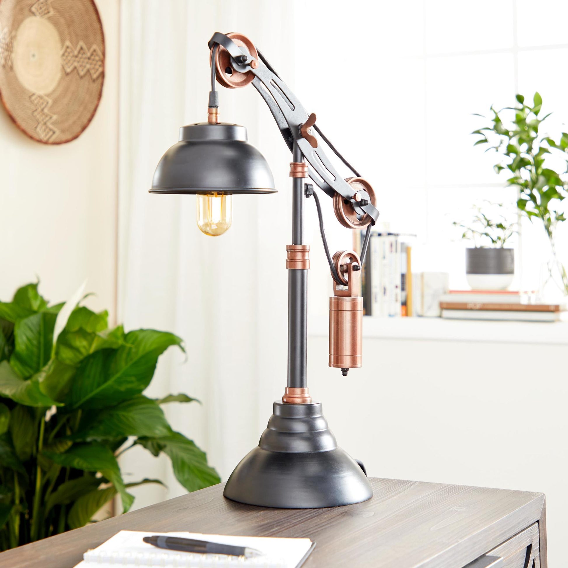 Black Aluminum Metal Pulley Room Desk Lamp with Copper Accents