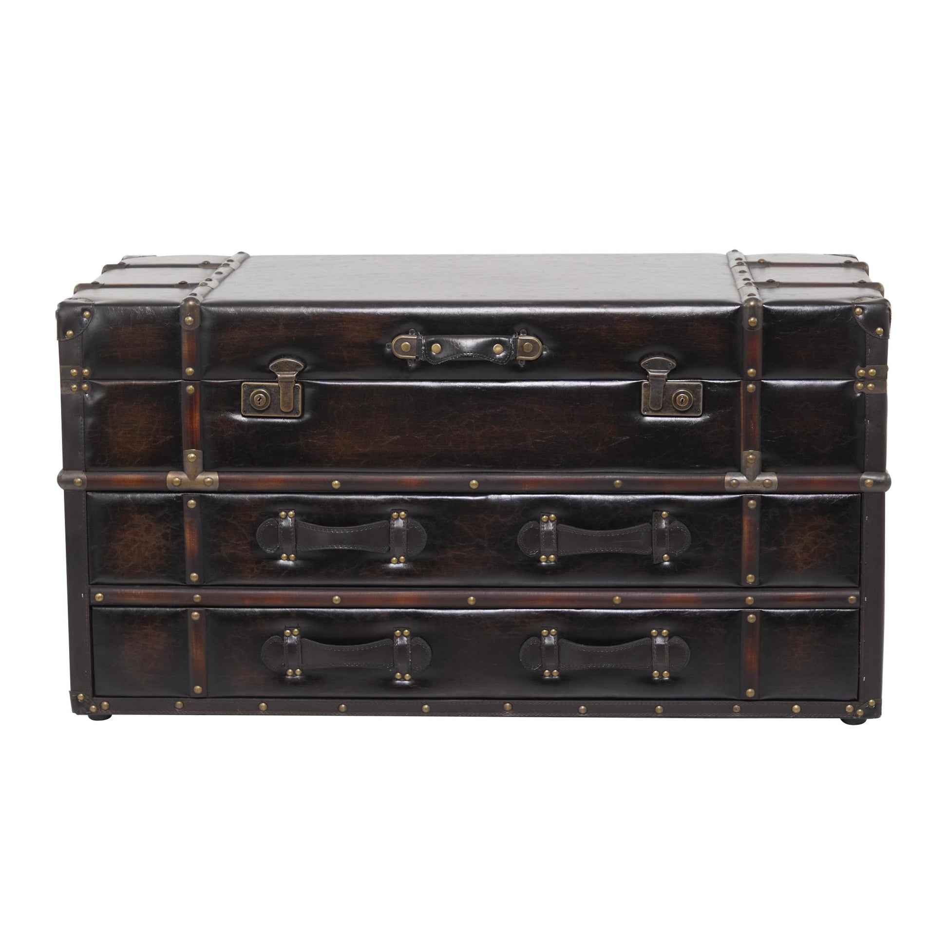Faux Leather Vintage 2 Drawer Living Room Coffee Table with Buckle Hinged Top