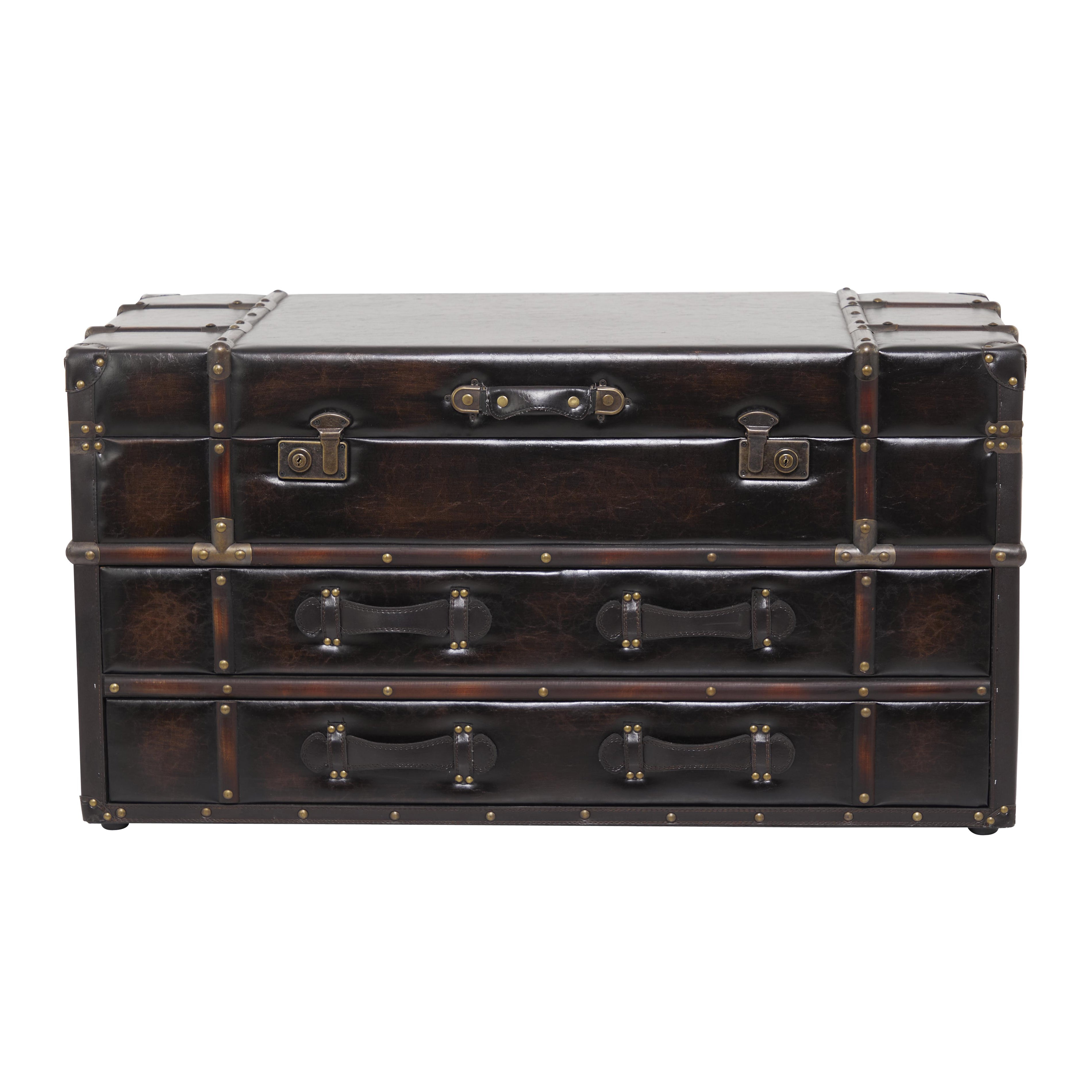 Faux Leather Vintage 2 Drawer Living Room Coffee Table with Buckle Hinged Top