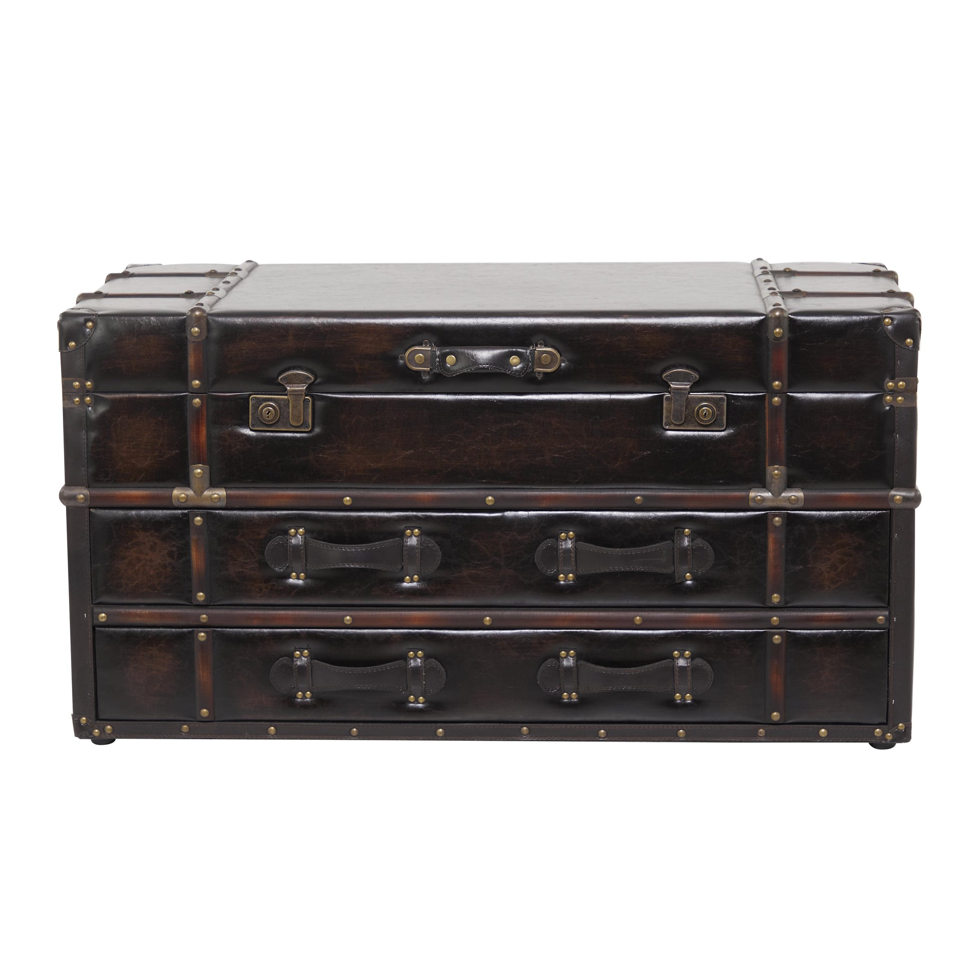 Faux Leather Vintage 2 Drawer Living Room Coffee Table with Buckle Hinged Top