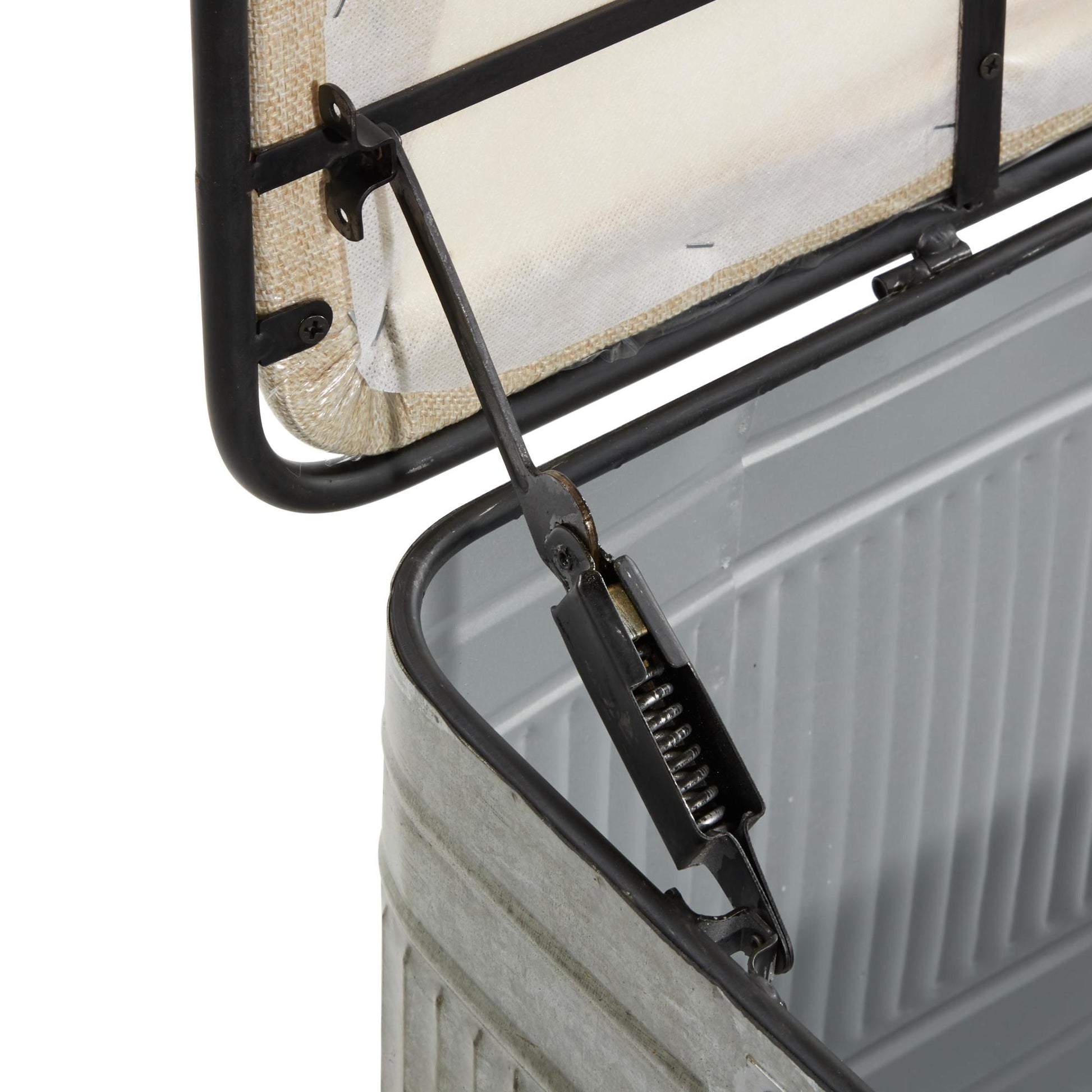 Gray Metal Galvanized Room Storage Bench with Cream Burlap Top and Black Latches