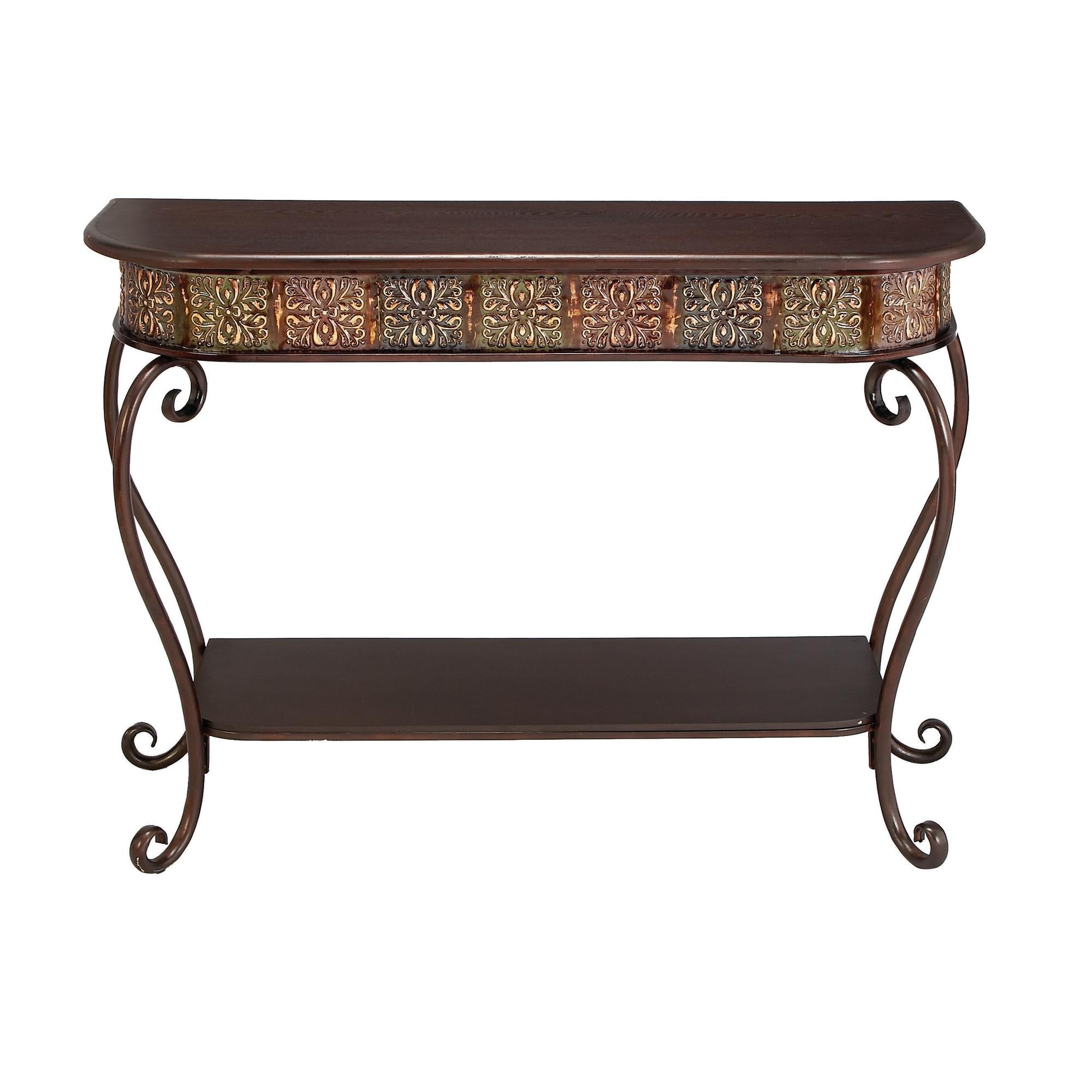Floral Brown Metal Embossed Living Room Console Table with Ornate Scroll Legs