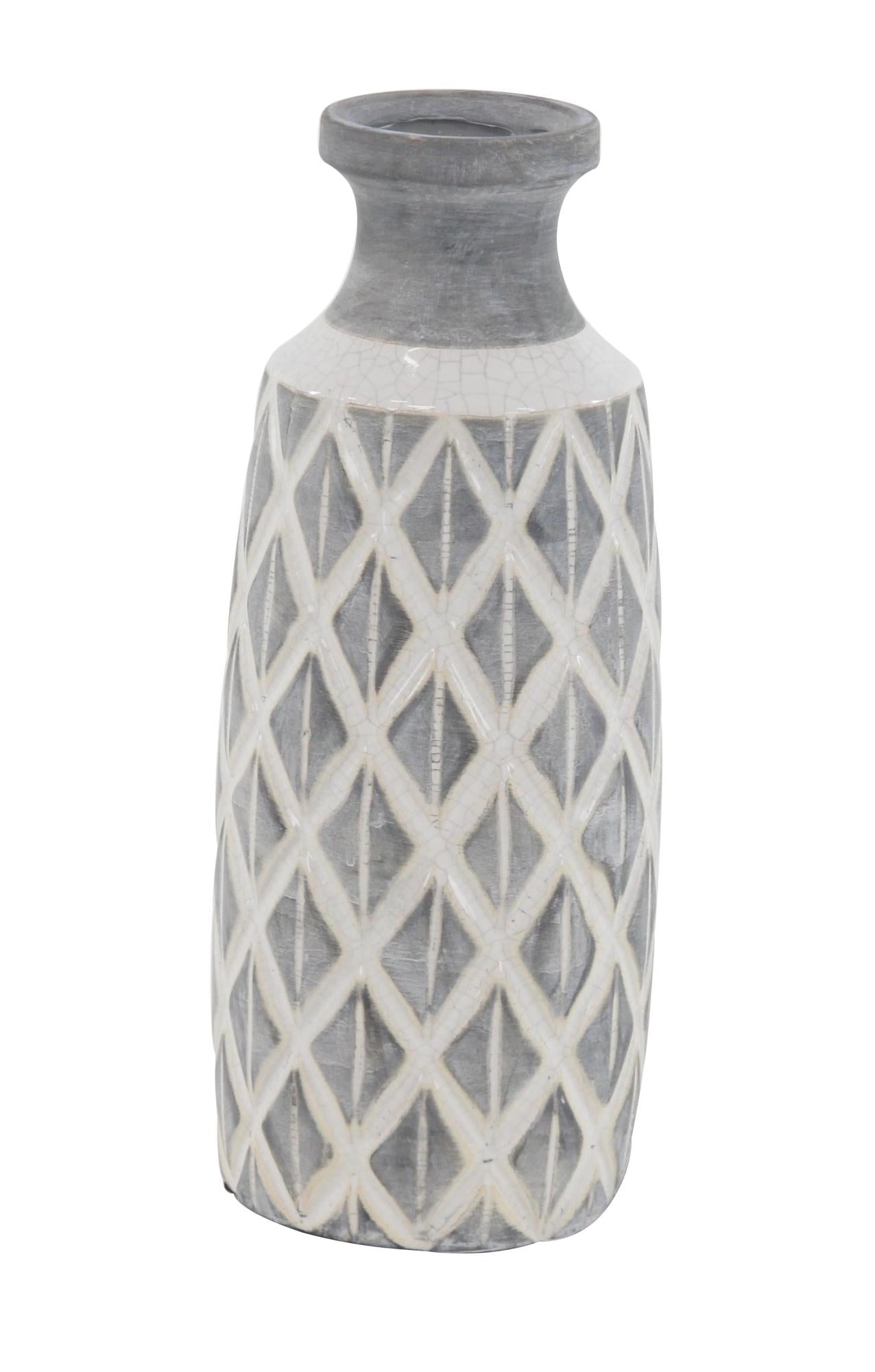 Gray Ceramic Decorative Vase with White Diamond Pattern