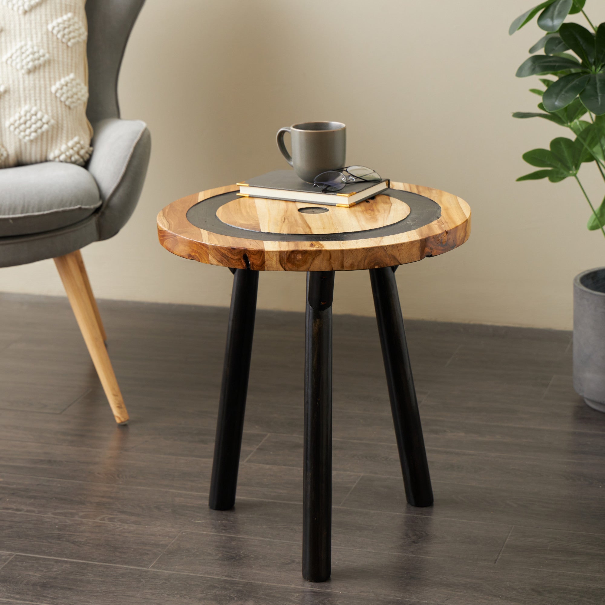 Geometric Brown Teak Wood Layered Circle Side End Accent Table with Black Legs