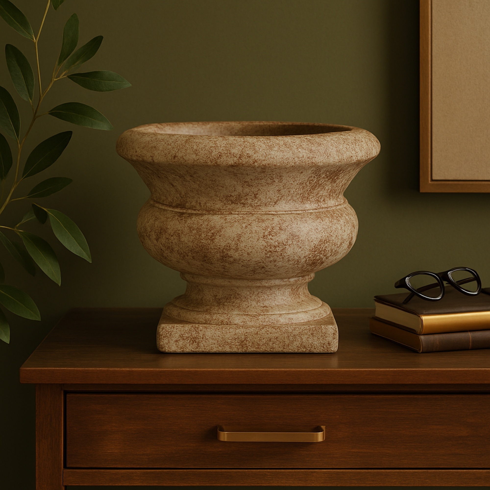 Brown Ceramic Antique Style Textured Wide Decorative Vase with Copper Accents