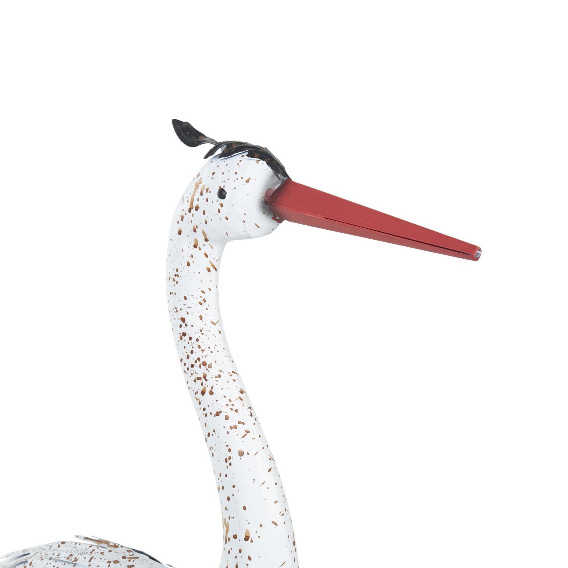 Set of 2 Crane White Metal Tall Decorative Garden Sculpture with Brown Speckled Texture and Red Accents