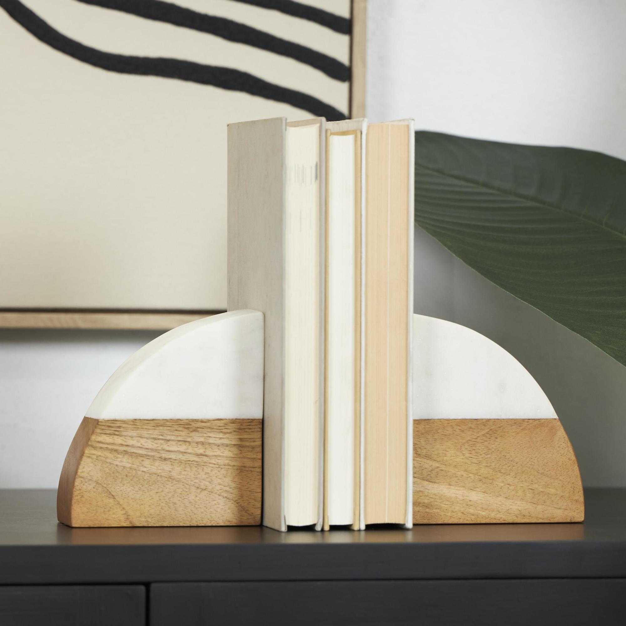 Set of 2 Geometric Brown Mango Wood Arched 5 lbs Decorative Bookends with White Marble Tops