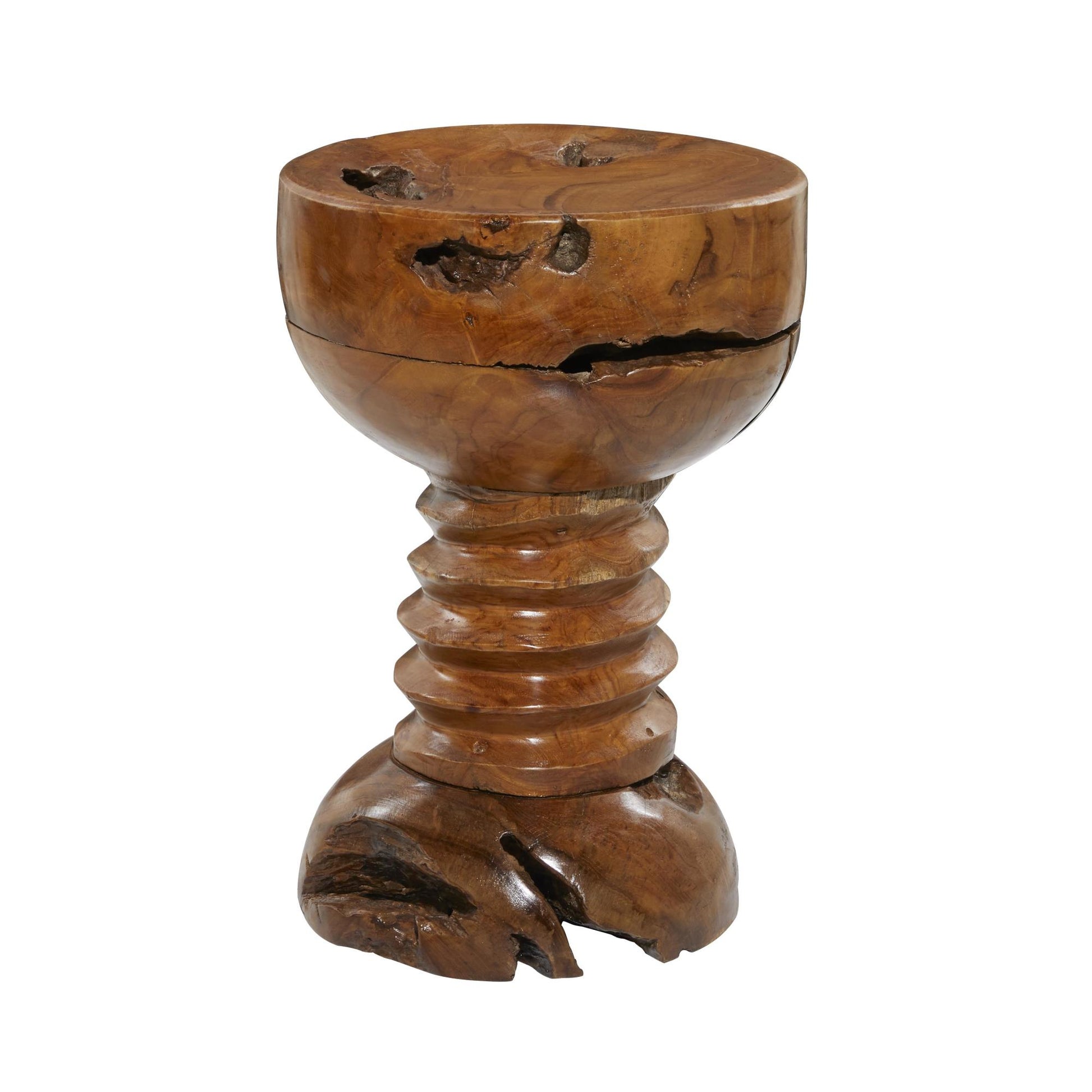 Brown Teak Wood Handmade Live Edge Side End Accent Table with Coiled Base