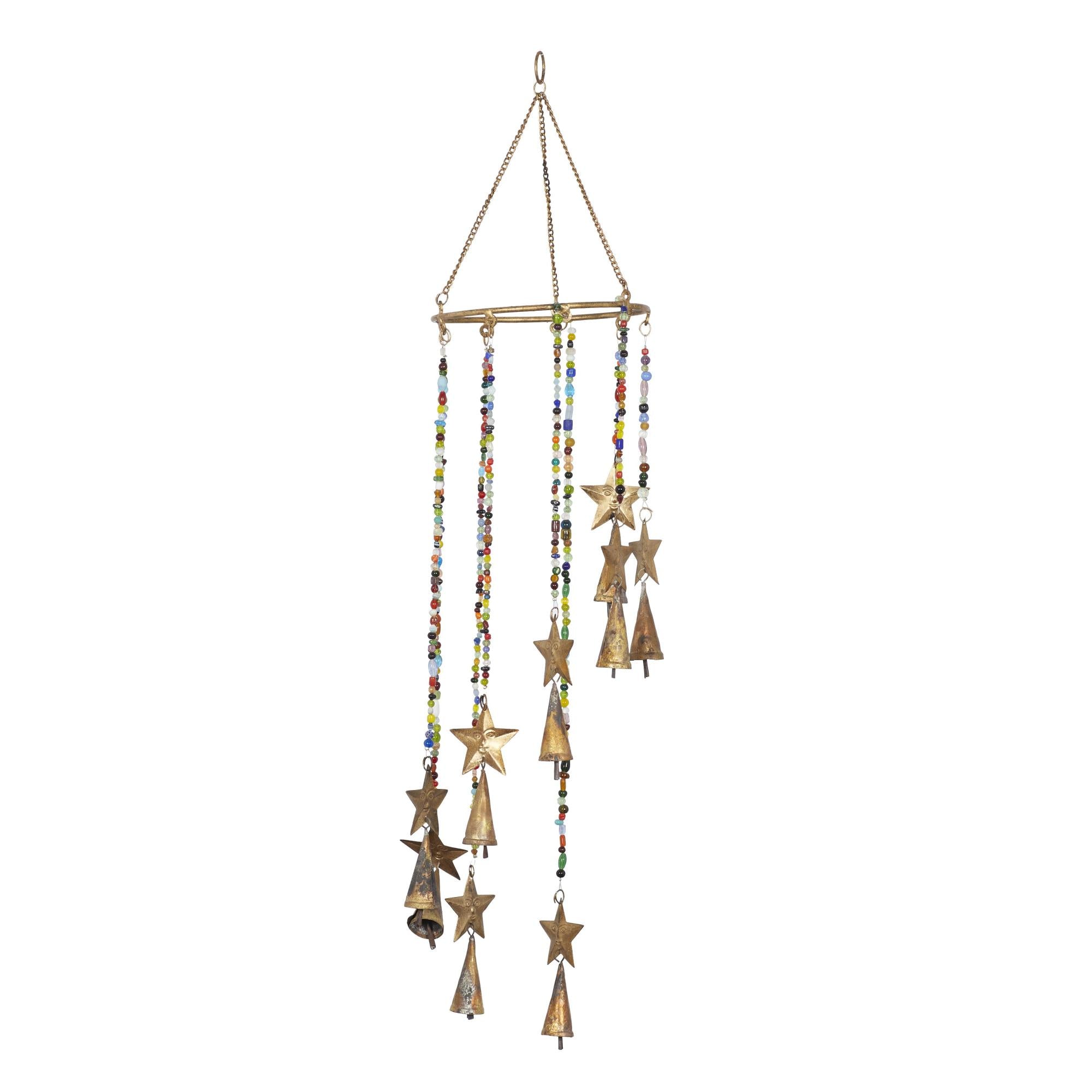 Sun and Star Gold Metal Handmade Indoor Outdoor Windchime with Glass Beads and Cone Bells