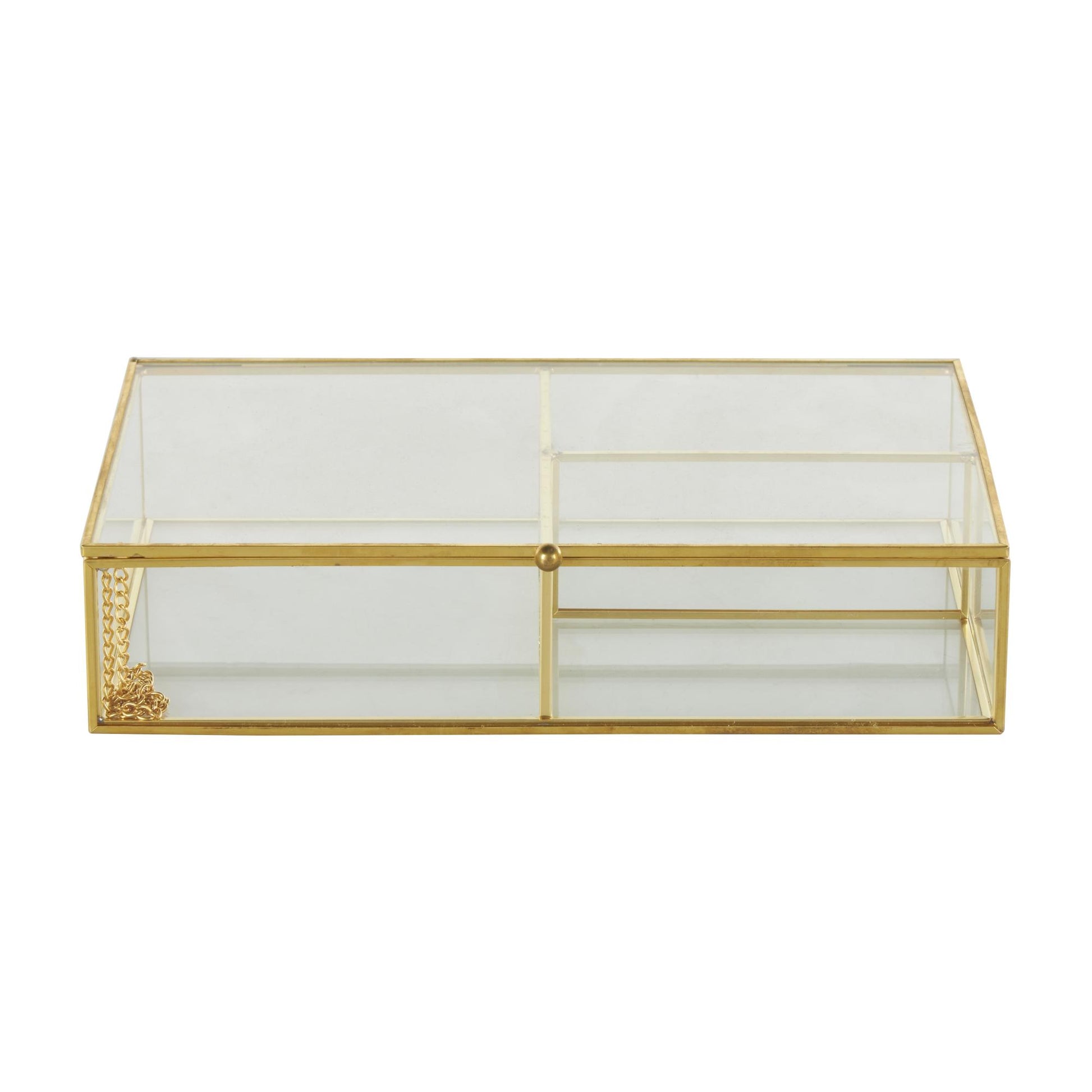 Clear Glass 3 Slot Decorative Jewelry Box with Gold Metal Frame and Chain Accent