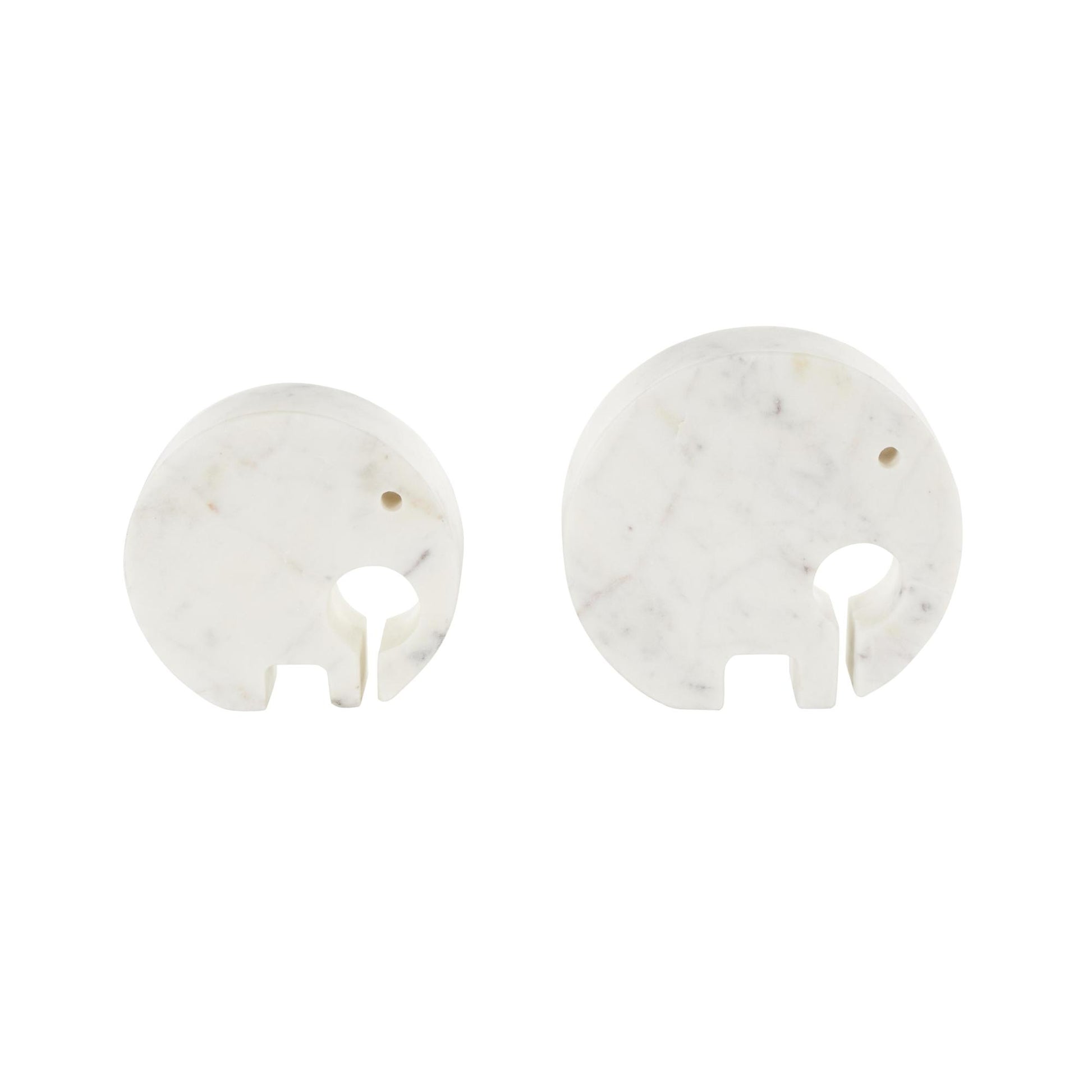 Set of 2 Elephant White Marble Circular Abstract Decorative Sculpture with Gray Marble Veins and Cutouts