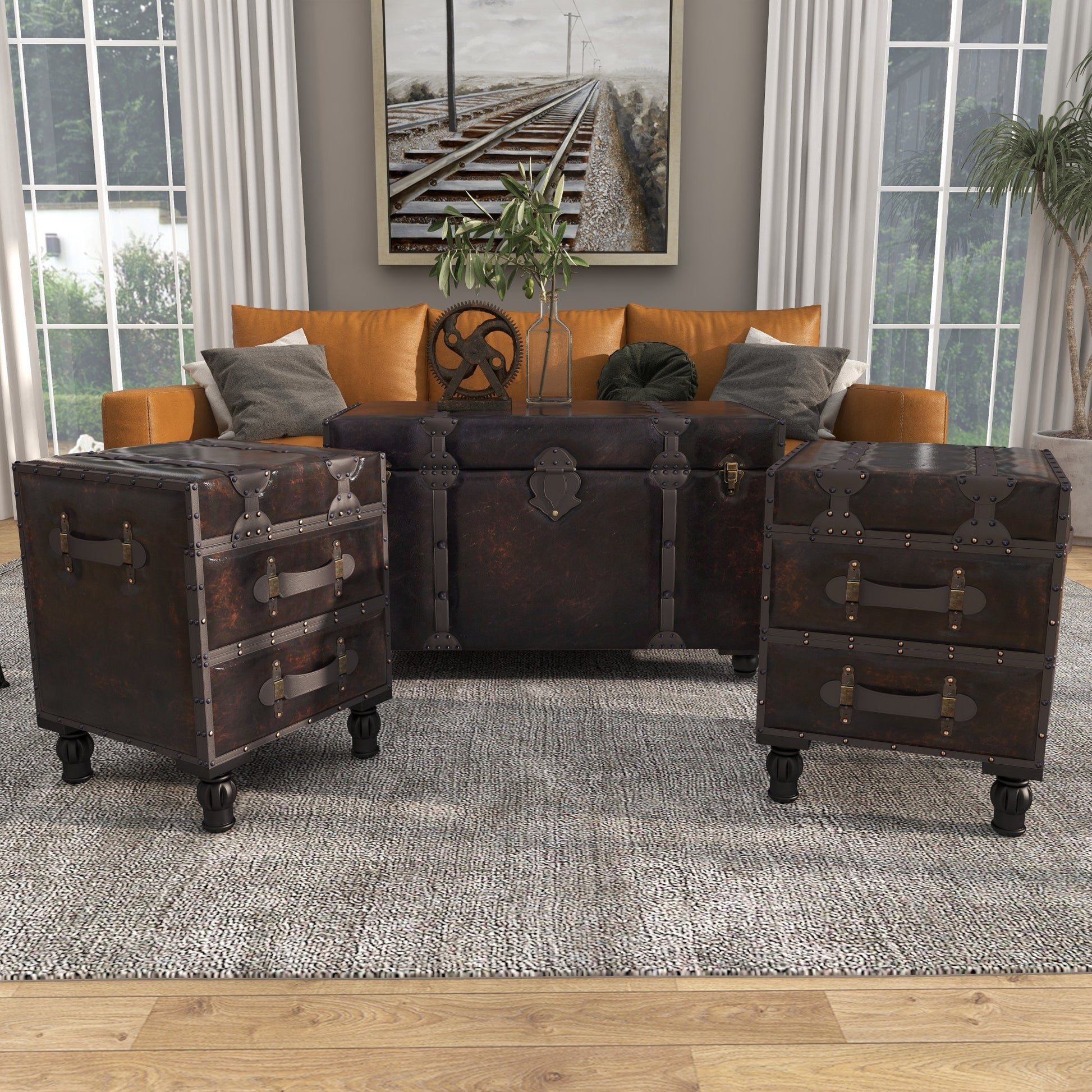 Set of 3 Brown Faux Leather Vintage 4 Drawer Room Storage Bench with Strap Handles and Turned Legs