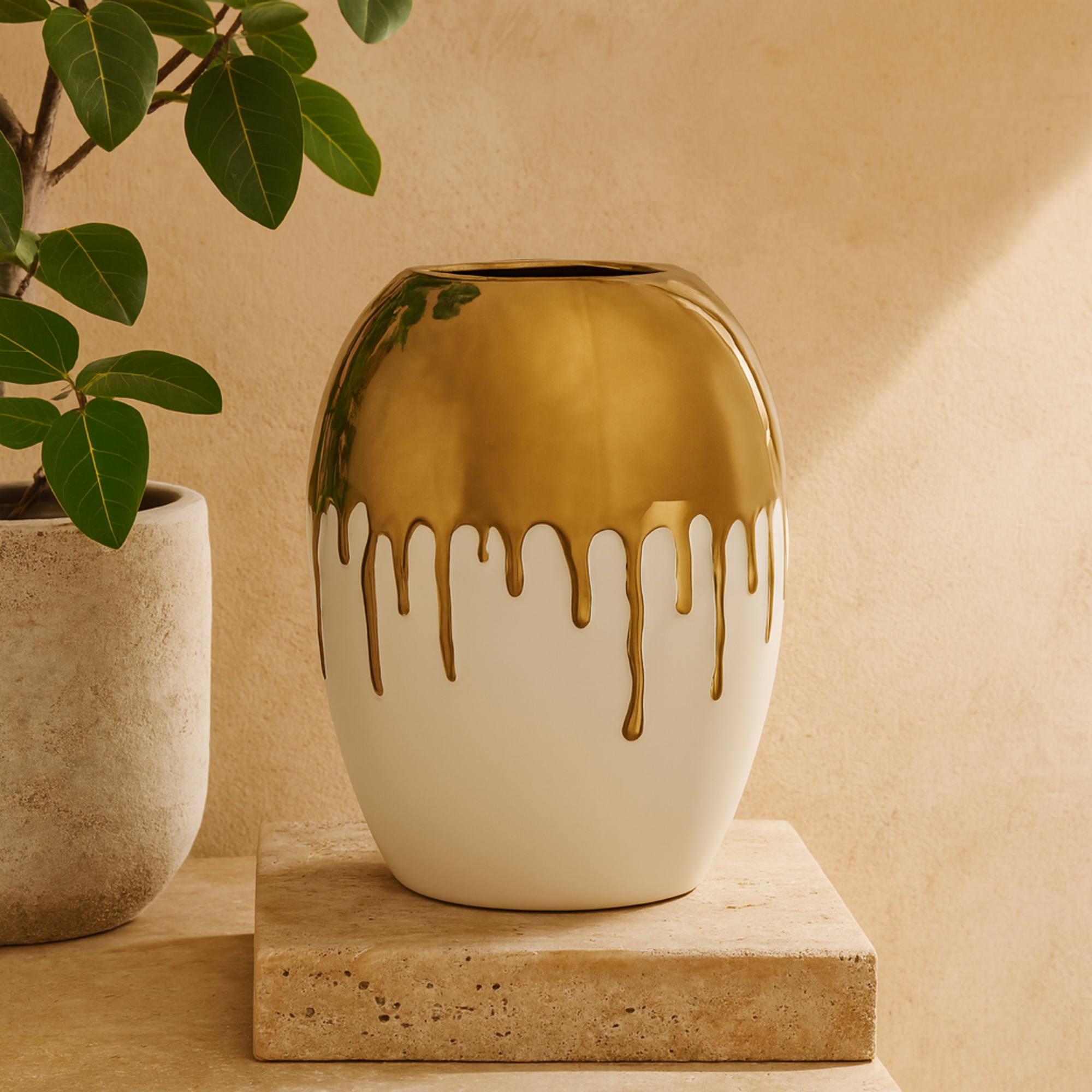 CosmoLiving by Cosmopolitan Abstract Ceramic Decorative Vase with Abstract Gold Melting Drips