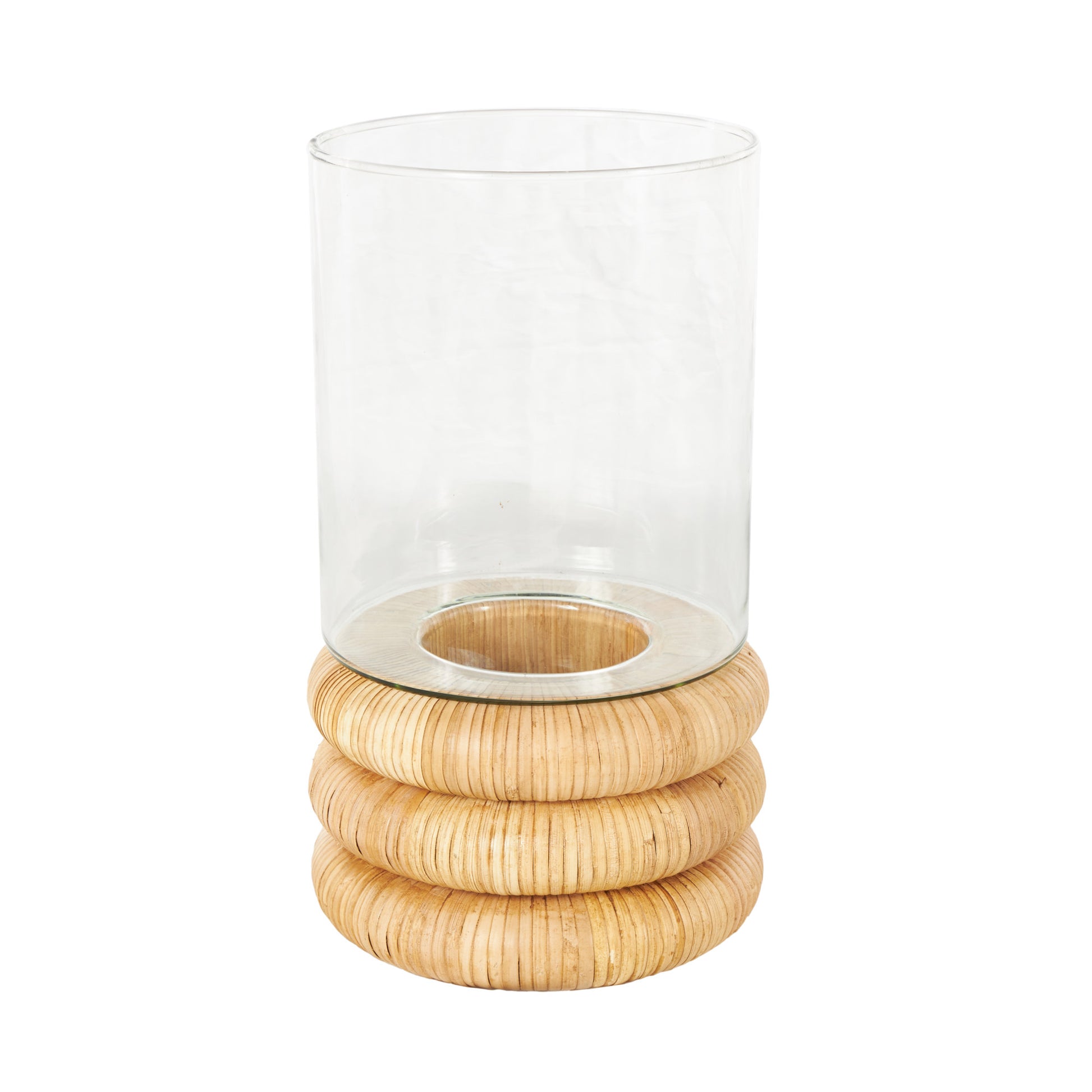 Clear Glass Round Room Hurricane Lamp with Light Brown Woven Base