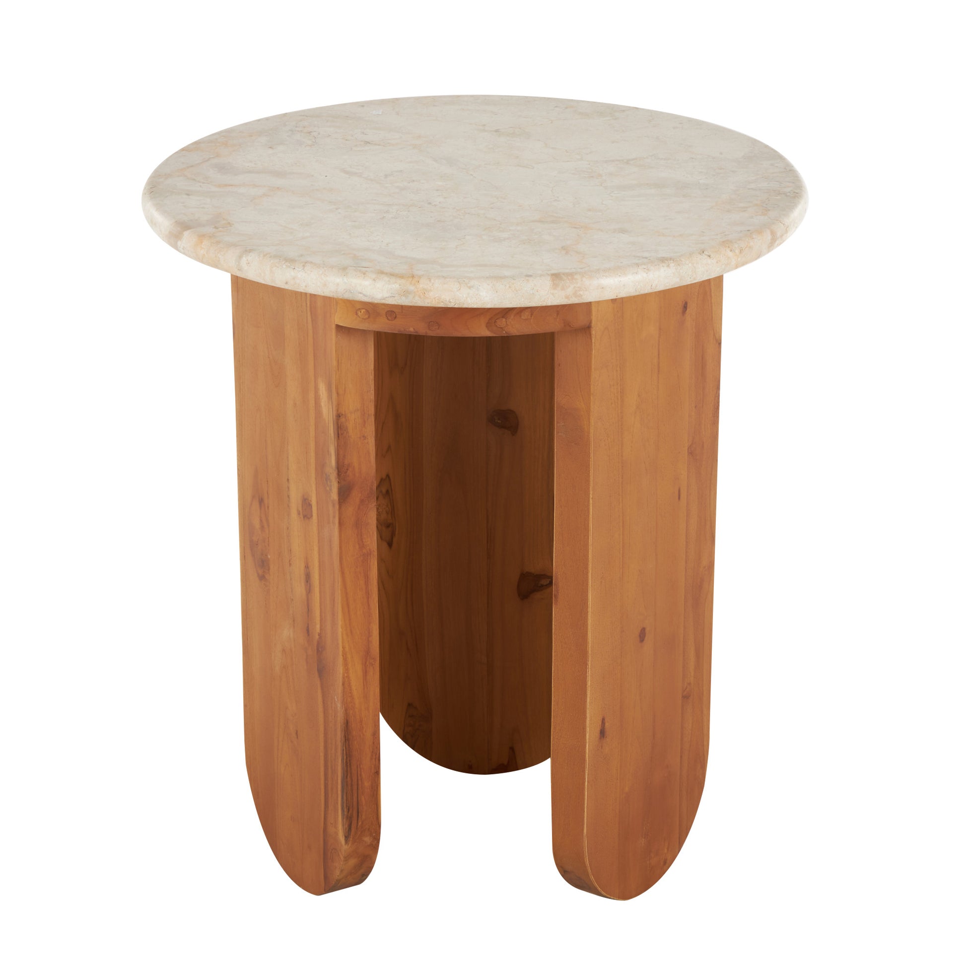 Brown Teak Wood Handmade Side End Accent Table with Beige Marble Tabletop