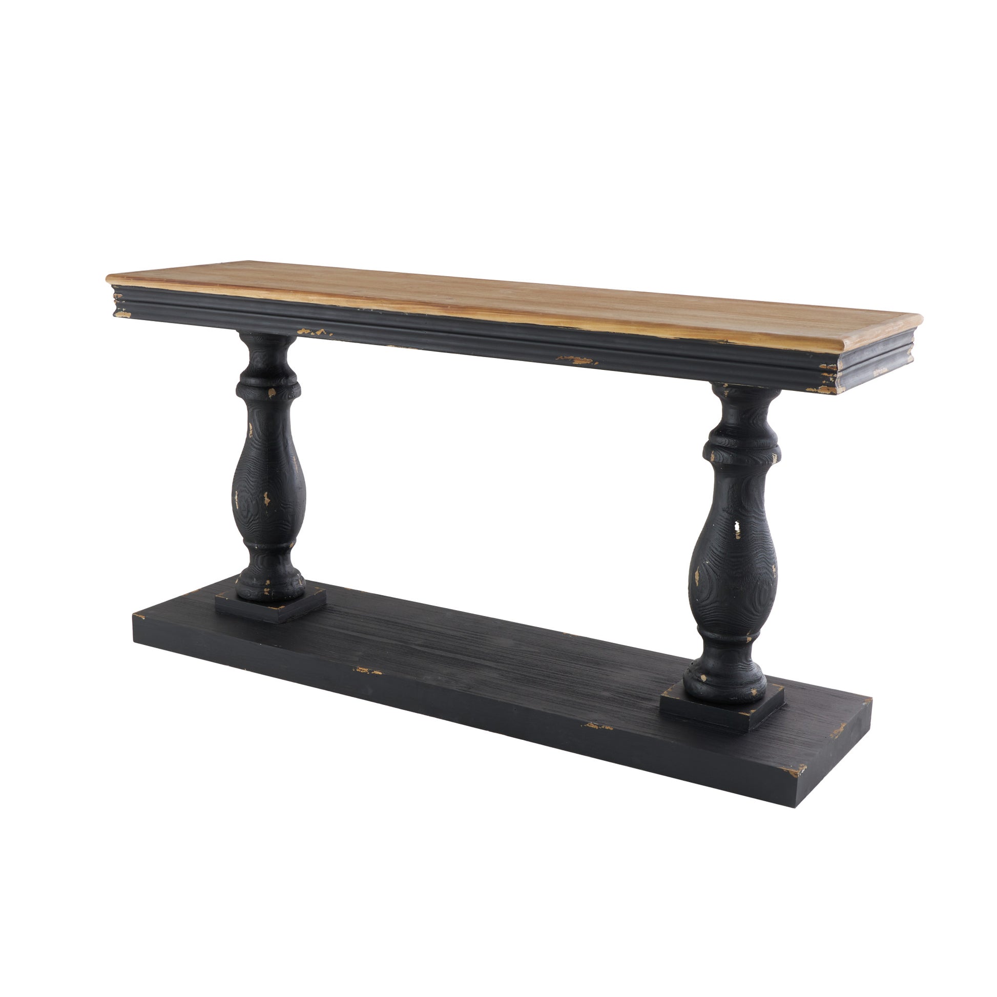 Black Wood Distressed Living Room Console Table with Brown Wood Top