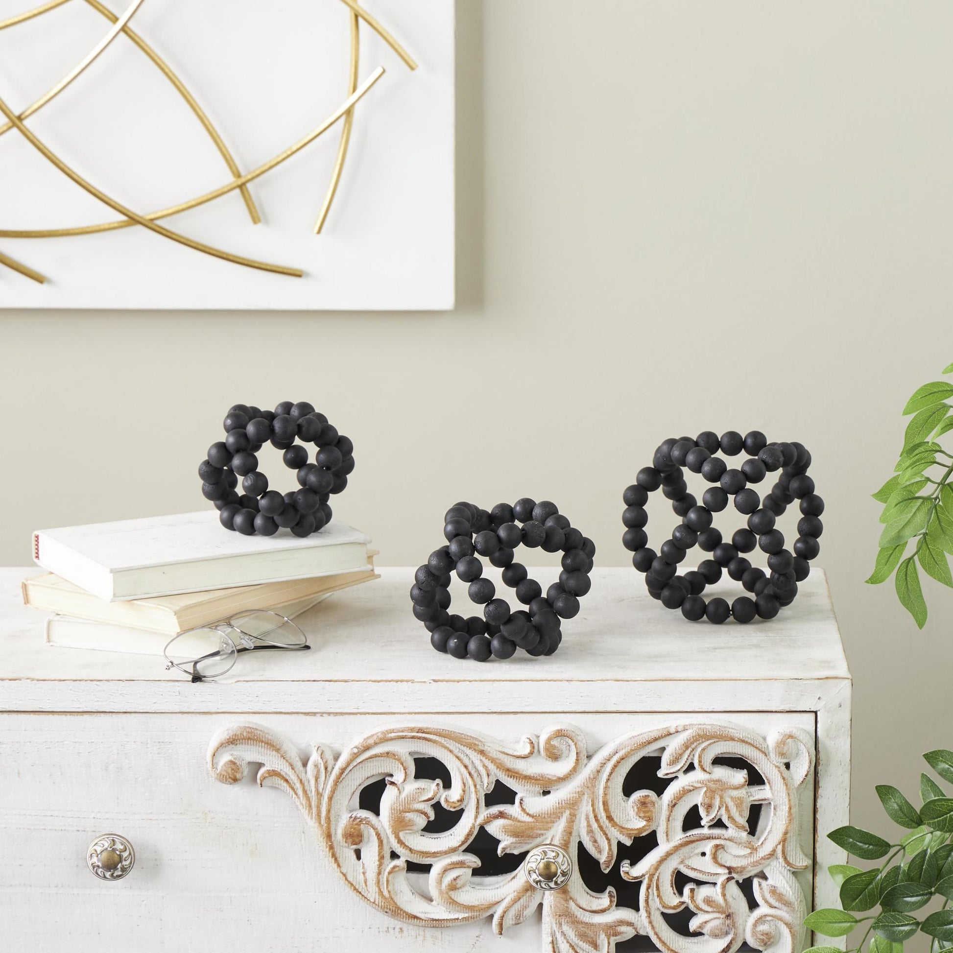 Set of 3 Black Wood Beaded Decorative Orbs & Vase Filler with Overlapping Rings