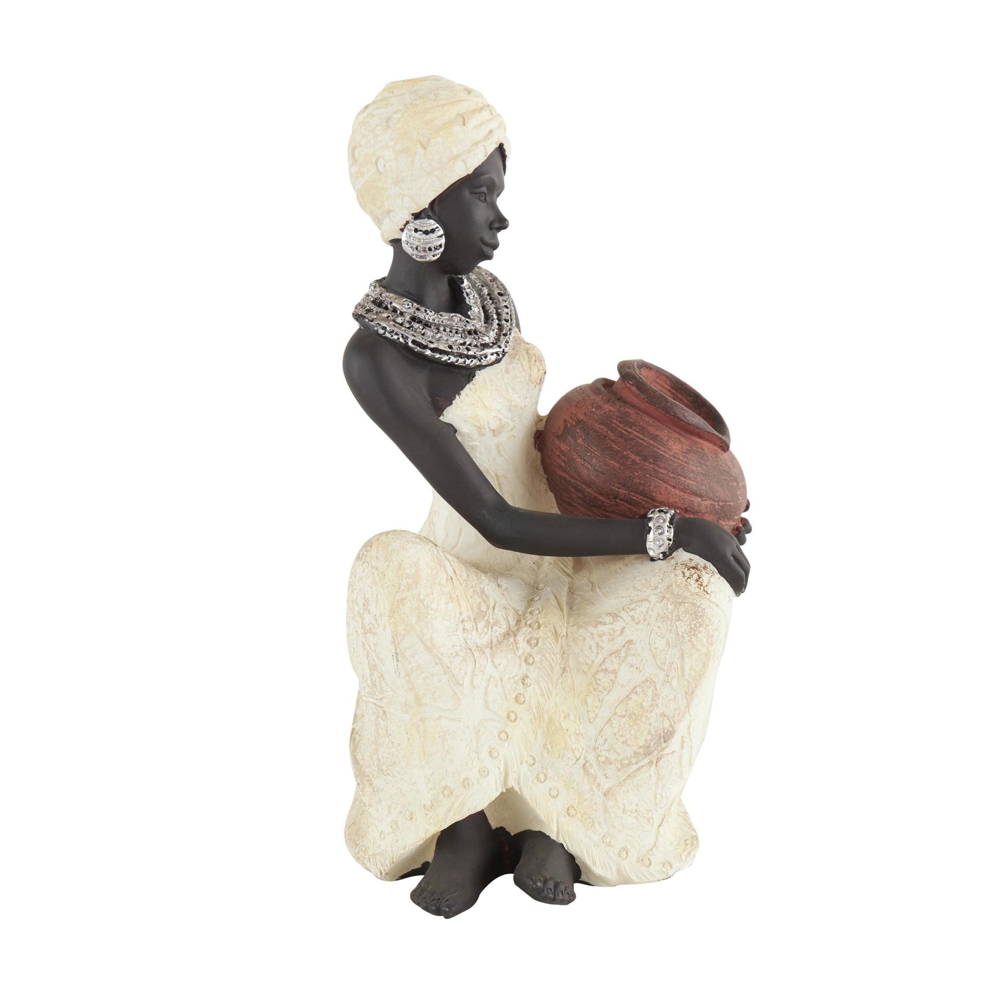 Woman Cream Polystone Sitting African Decorative Sculpture with Red Water Pot