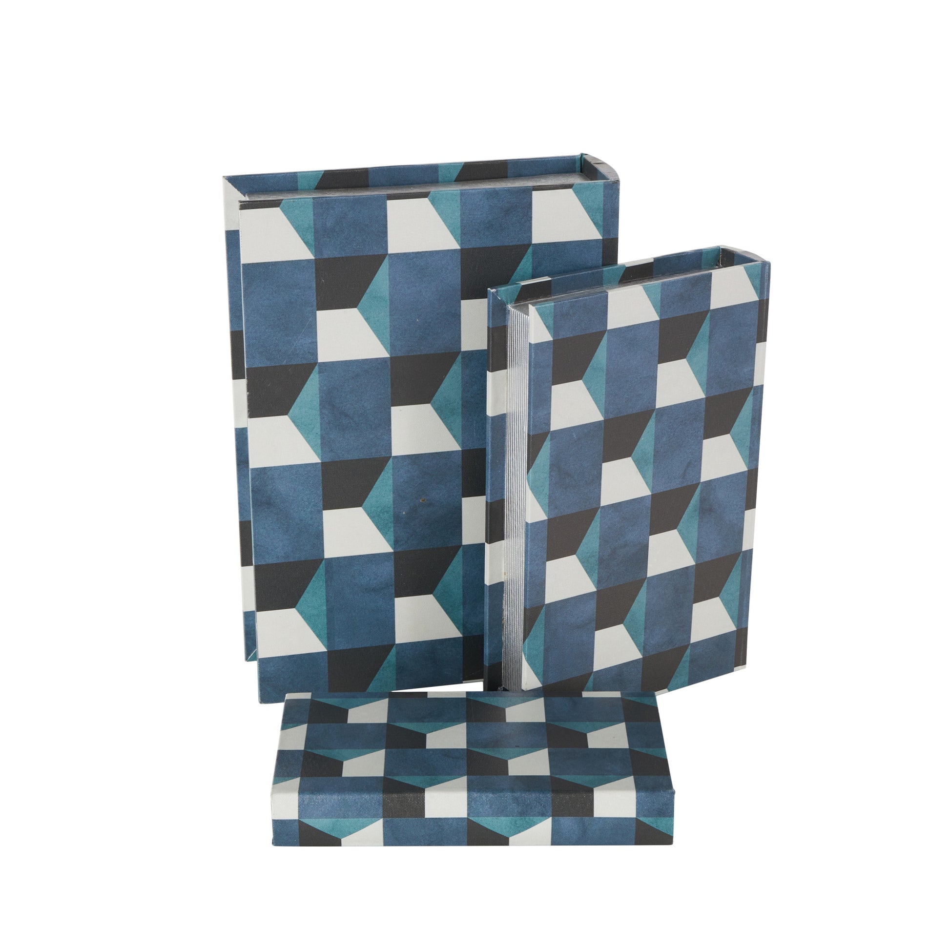 Set of 3 Geometric Blue Faux Leather Faux Book Storage Decorative Box with Black and White Accents