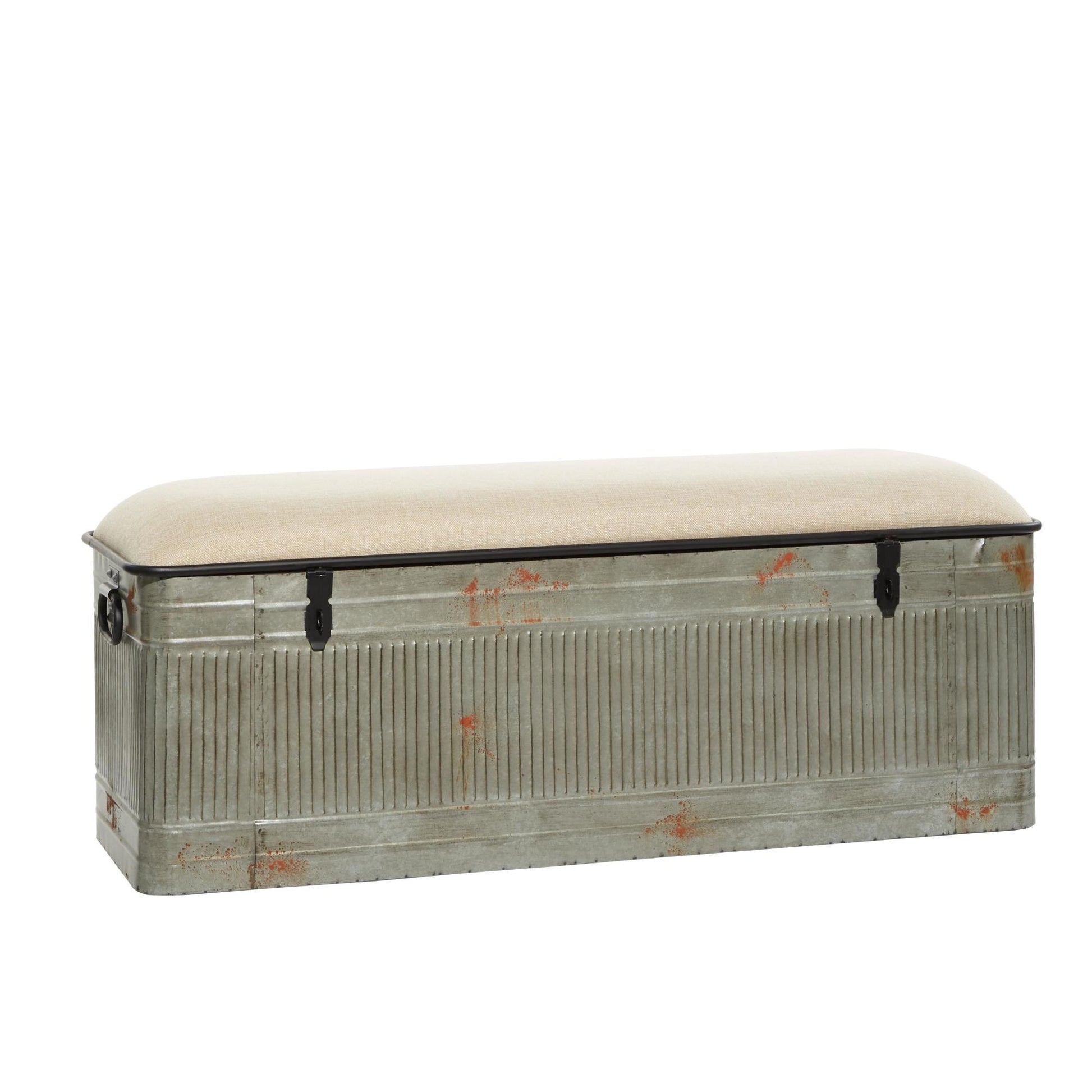 Gray Metal Galvanized Room Storage Bench with Cream Burlap Top and Black Latches