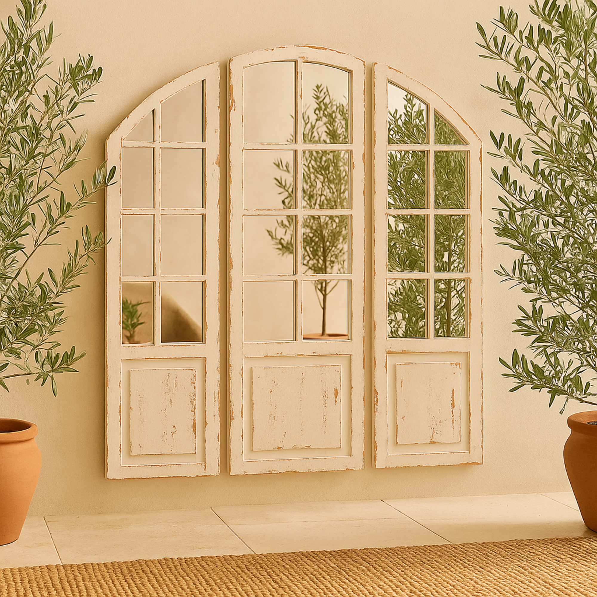 Set of 3 White Wood Window Pane Inspired Room Wall Mirror with Arched Top and Distressing