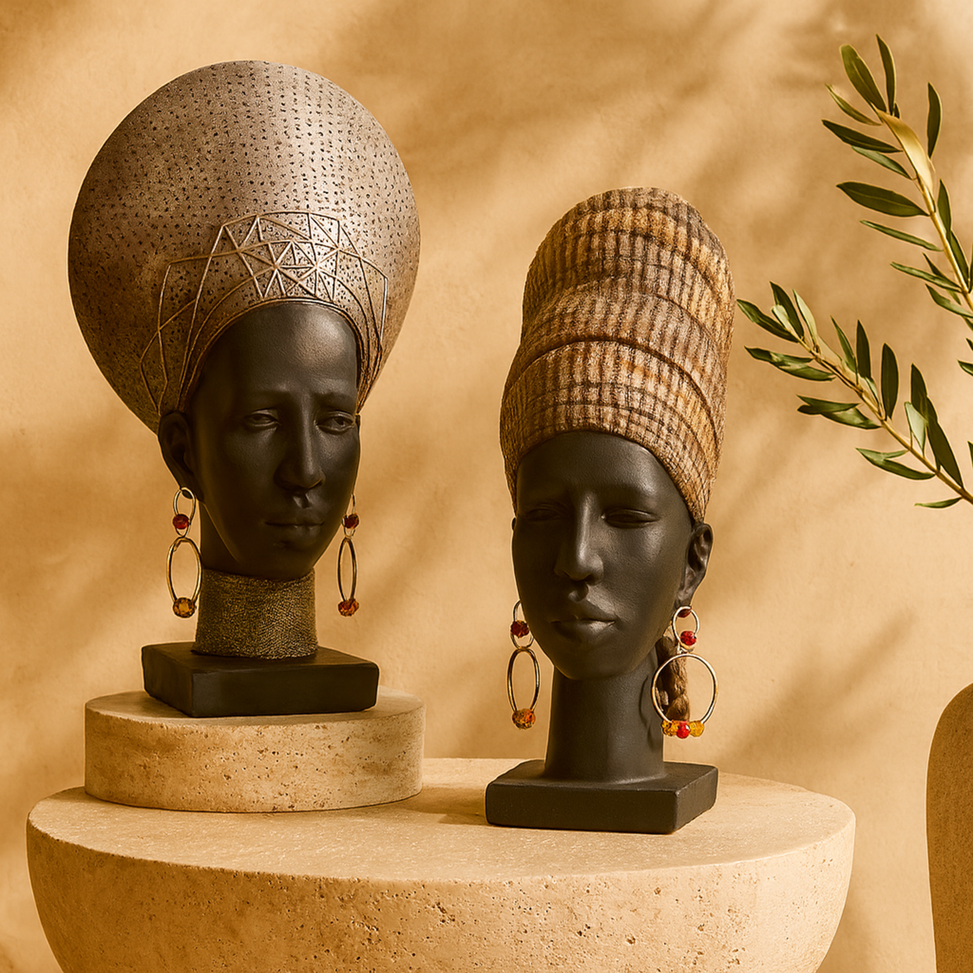 Set of 2 Woman Black Polyresin African Decorative Sculpture