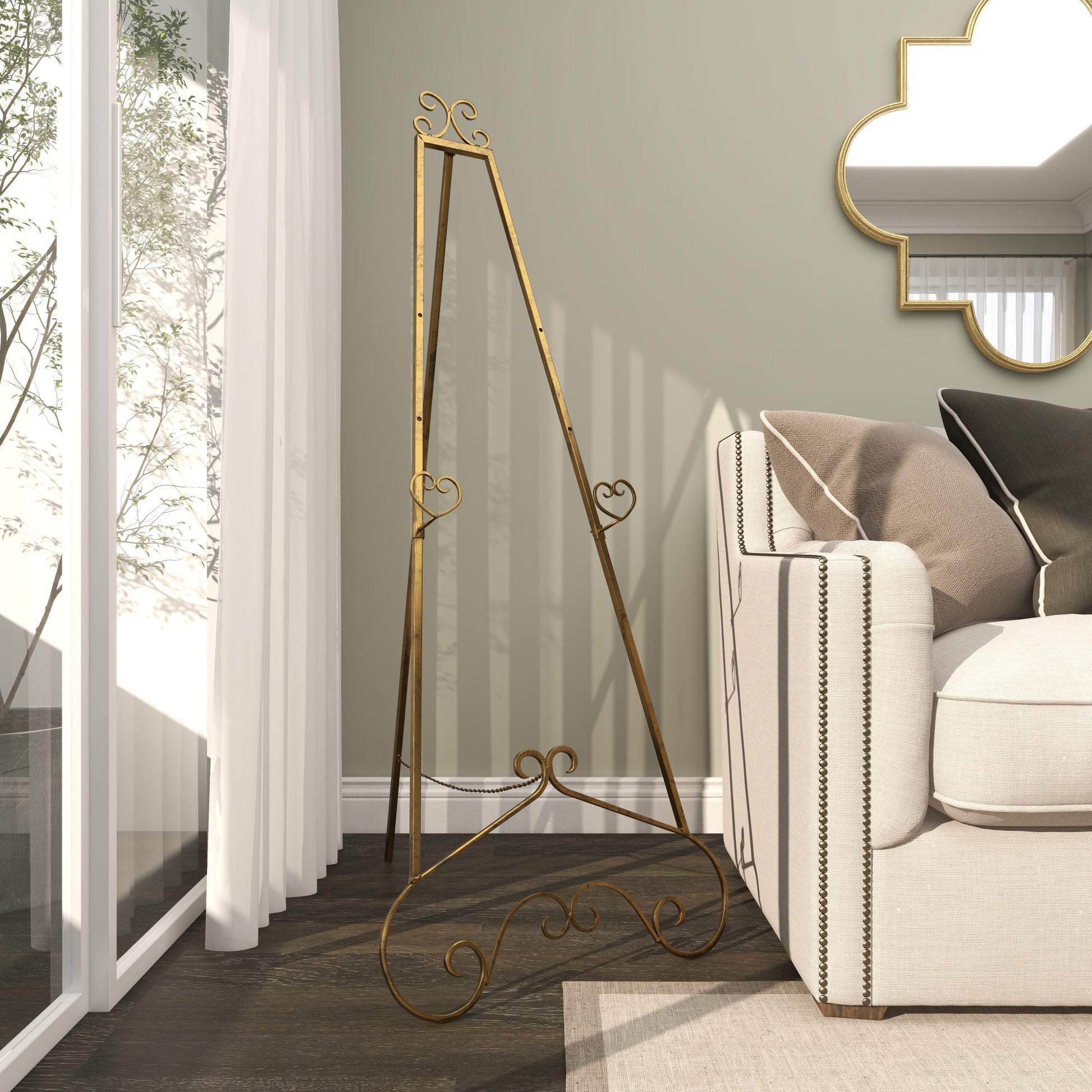 Scroll Gold Metal Tall Adjustable Floor 3 Tier Display Easel