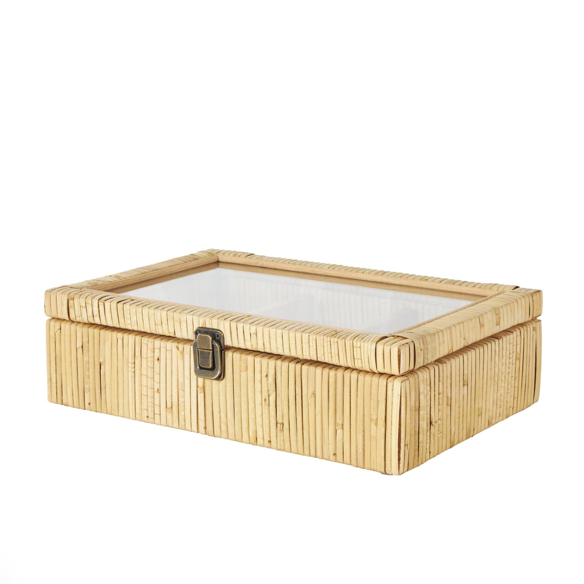 Brown Rattan Handmade Wrapped 6 Slot Decorative Jewelry Box with Tempered Glass Top