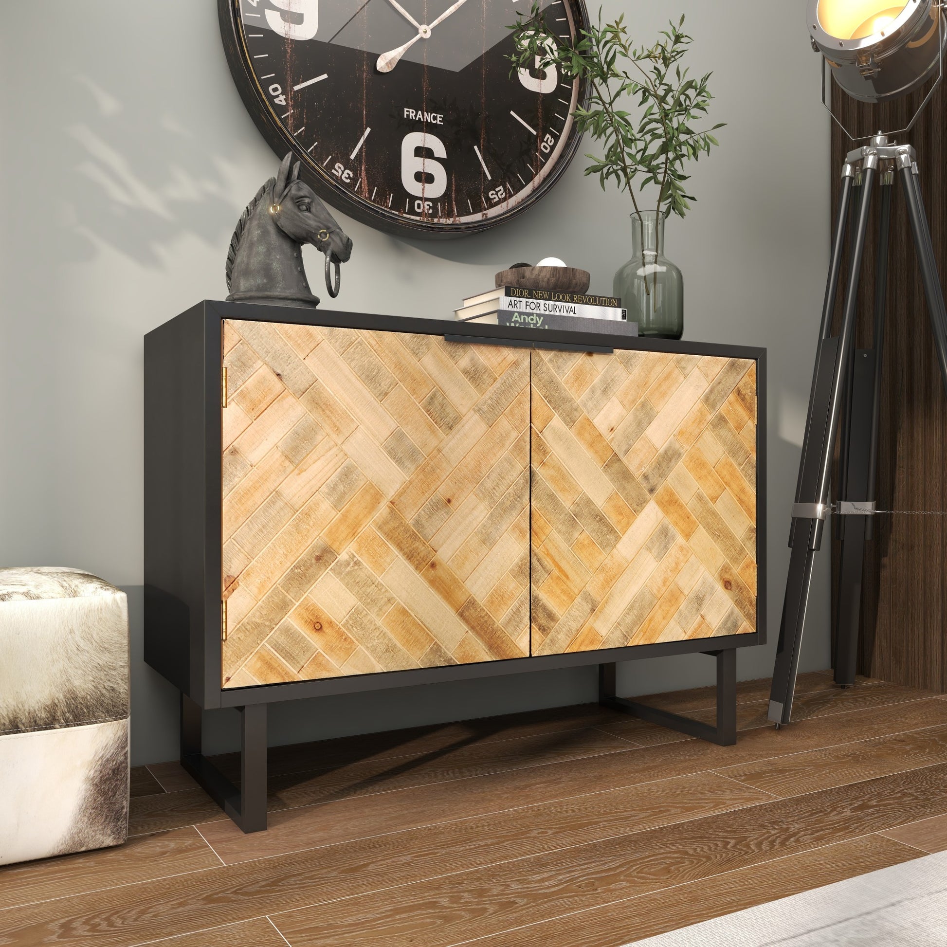 Geometric Black Wood 2 Door Room Cabinet with Wood Inlay