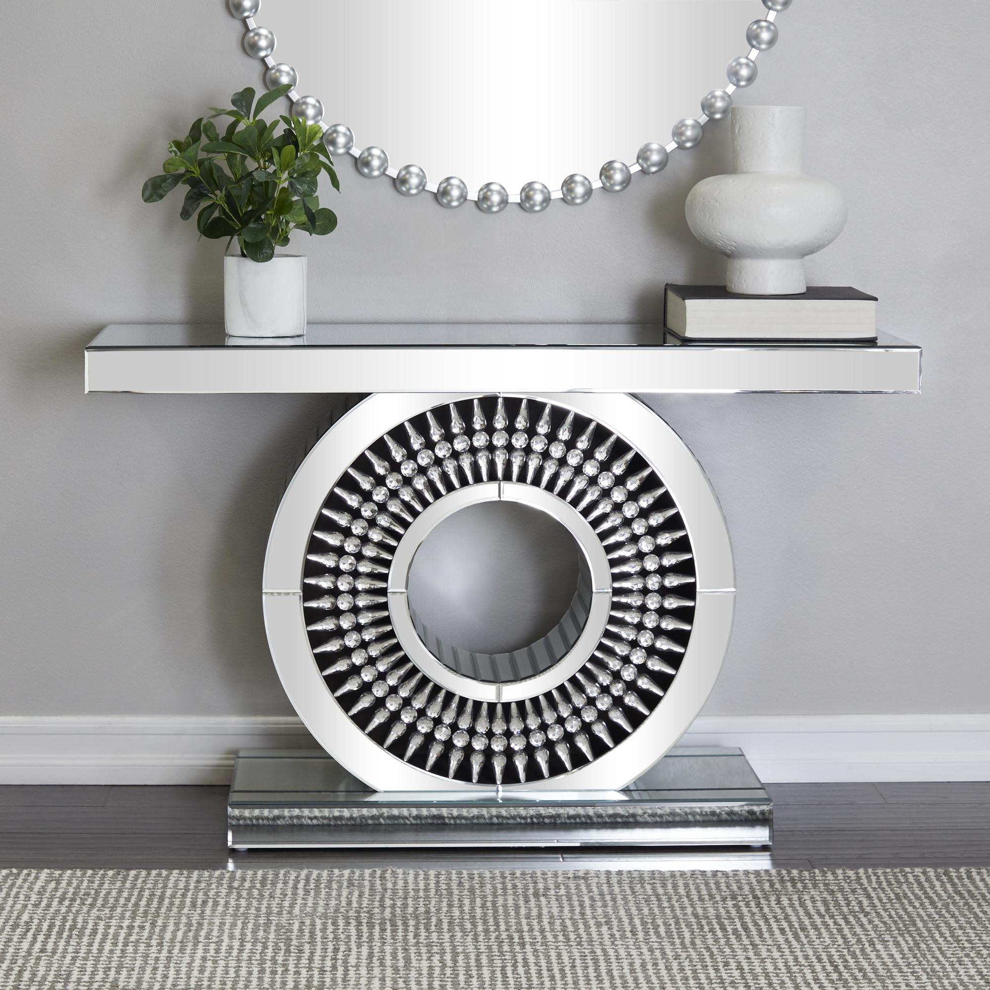 Sun Silver Glass Mirrored Living Room Console Table with Crystal Embellishment