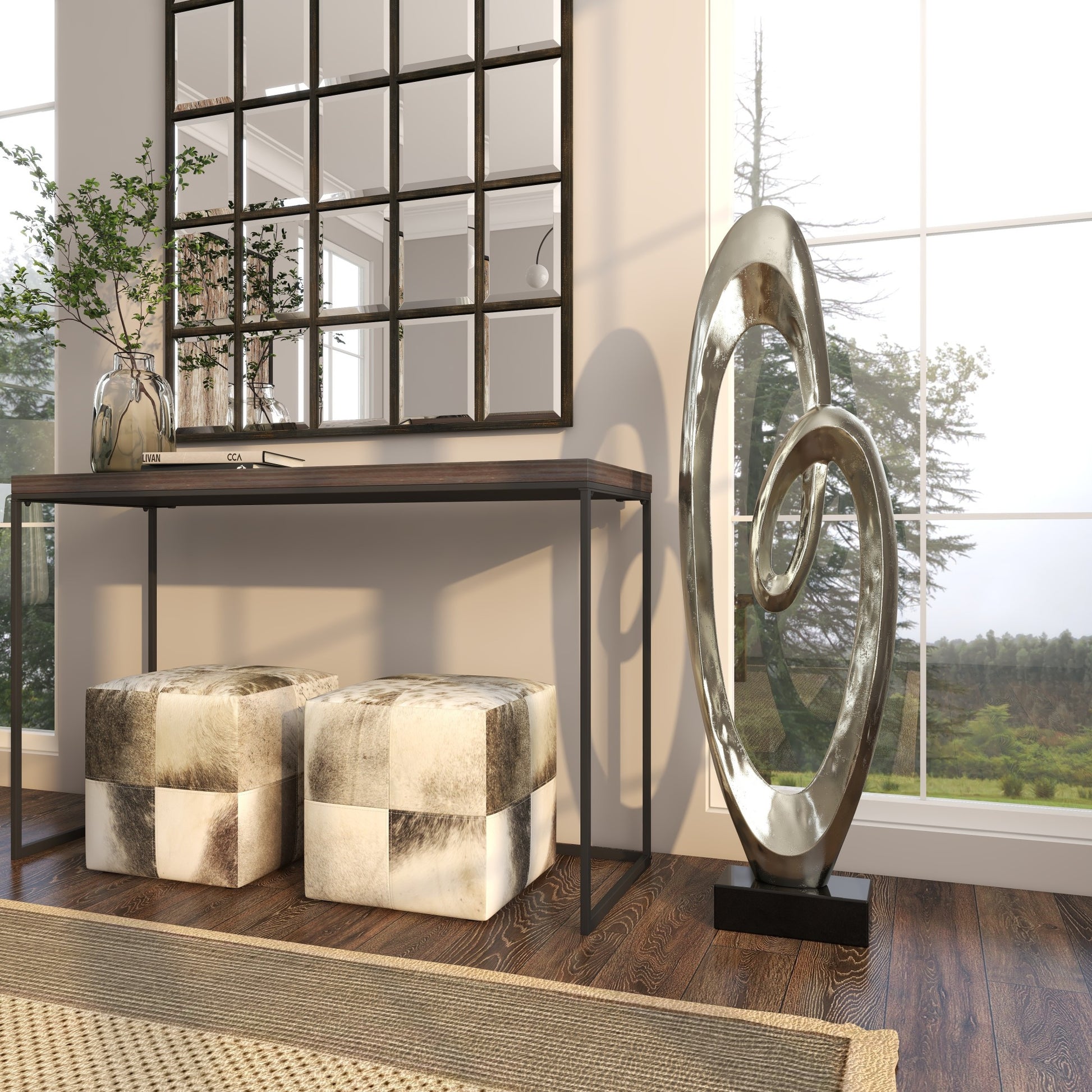 Abstract Aluminum Metal Tall Floor Loop Decorative Sculpture with Black Marble Base 16" x 5" x 52"