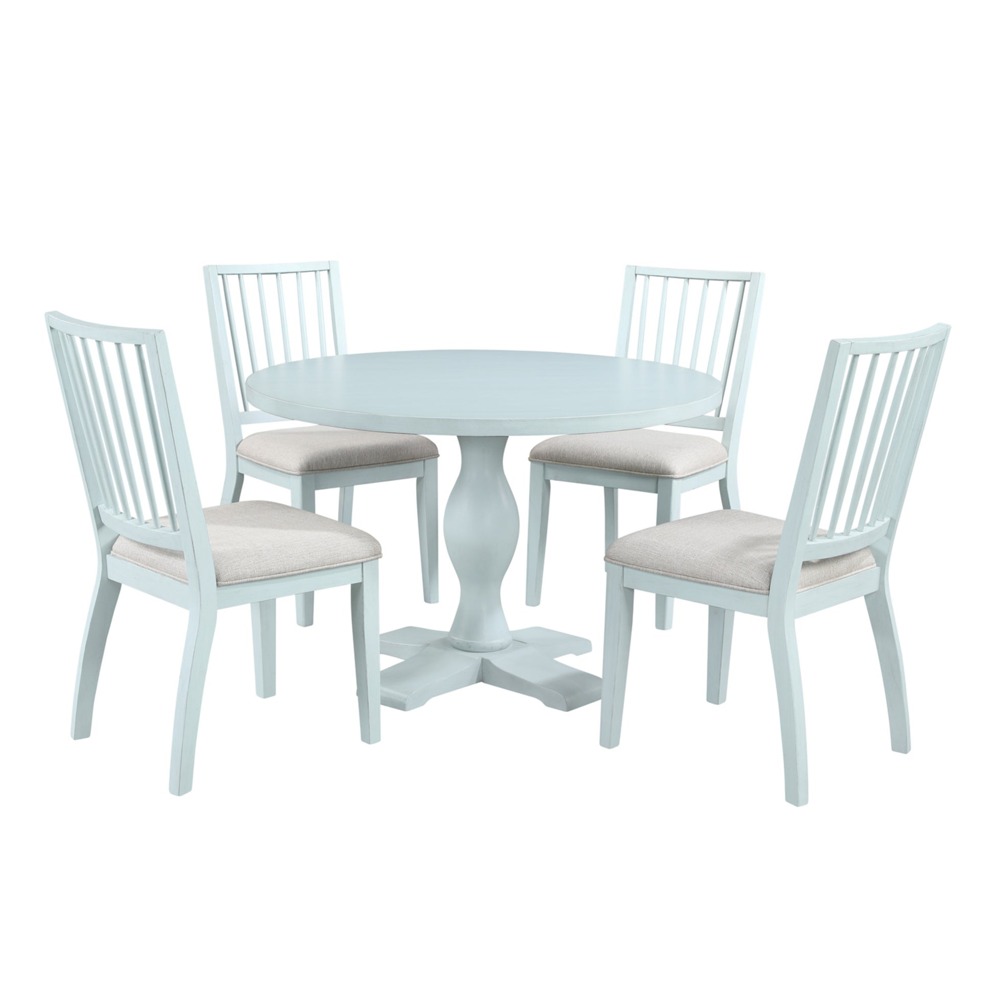 Light Blue Wood Round Kitchen Dining Table with Turned Pedestal Base and X Support