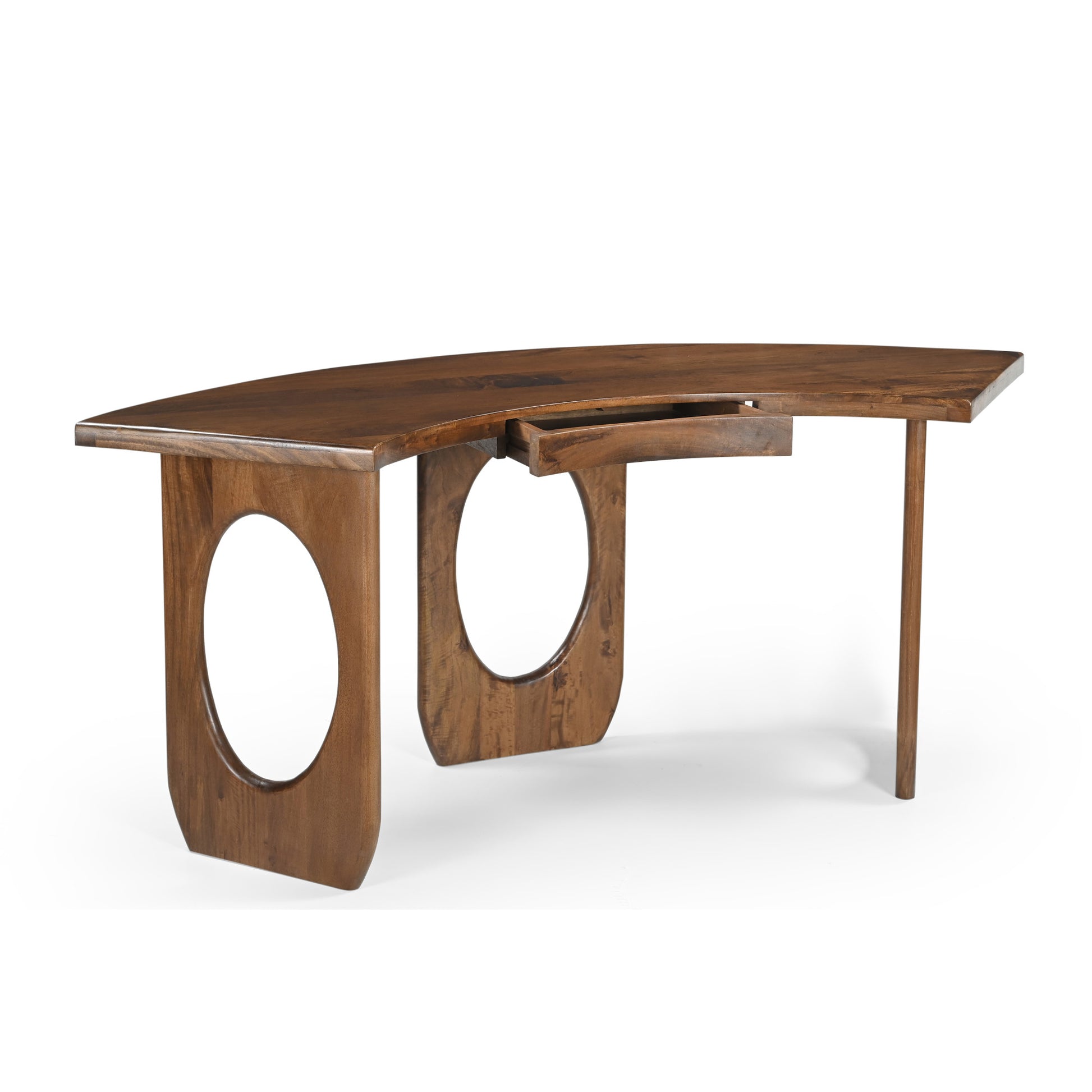 Geometric Brown Wood Curved 1 Drawer Desk with 2 Oval Cutout Legs