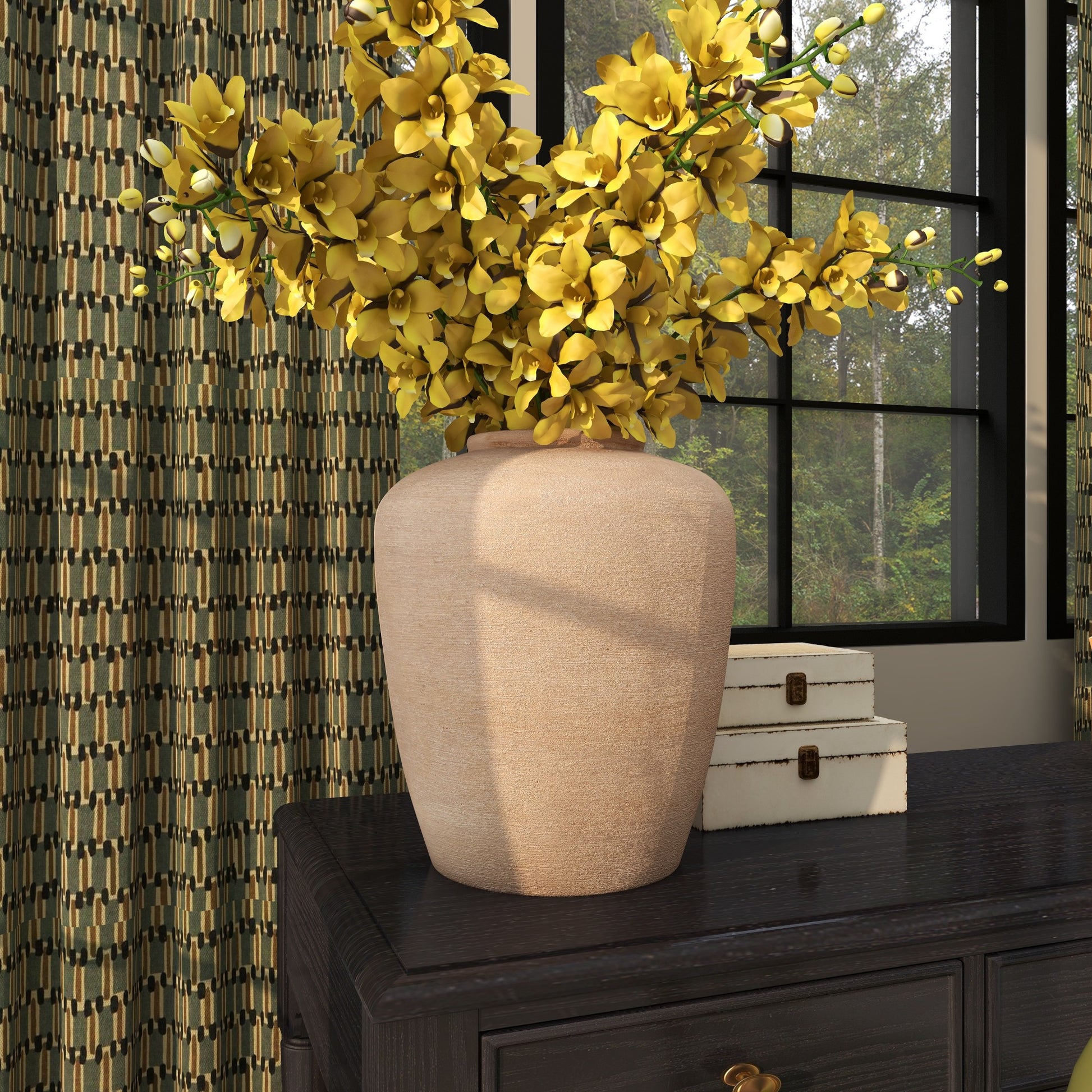 Beige Ceramic Wide Textured Decorative Vase