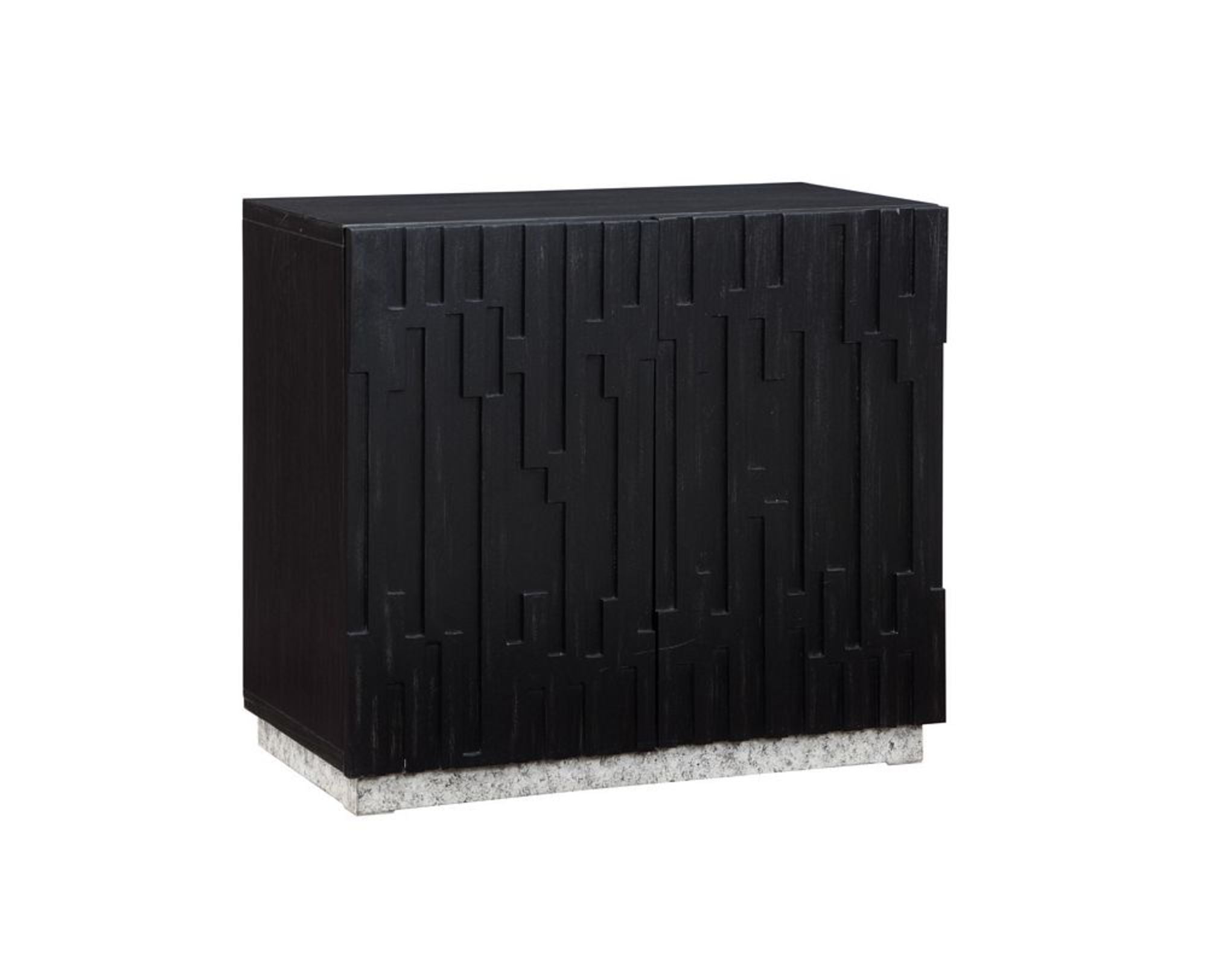 Geometric Black Wooden Carved Abstract 2 Door Room Cabinet with White Textured Block Base